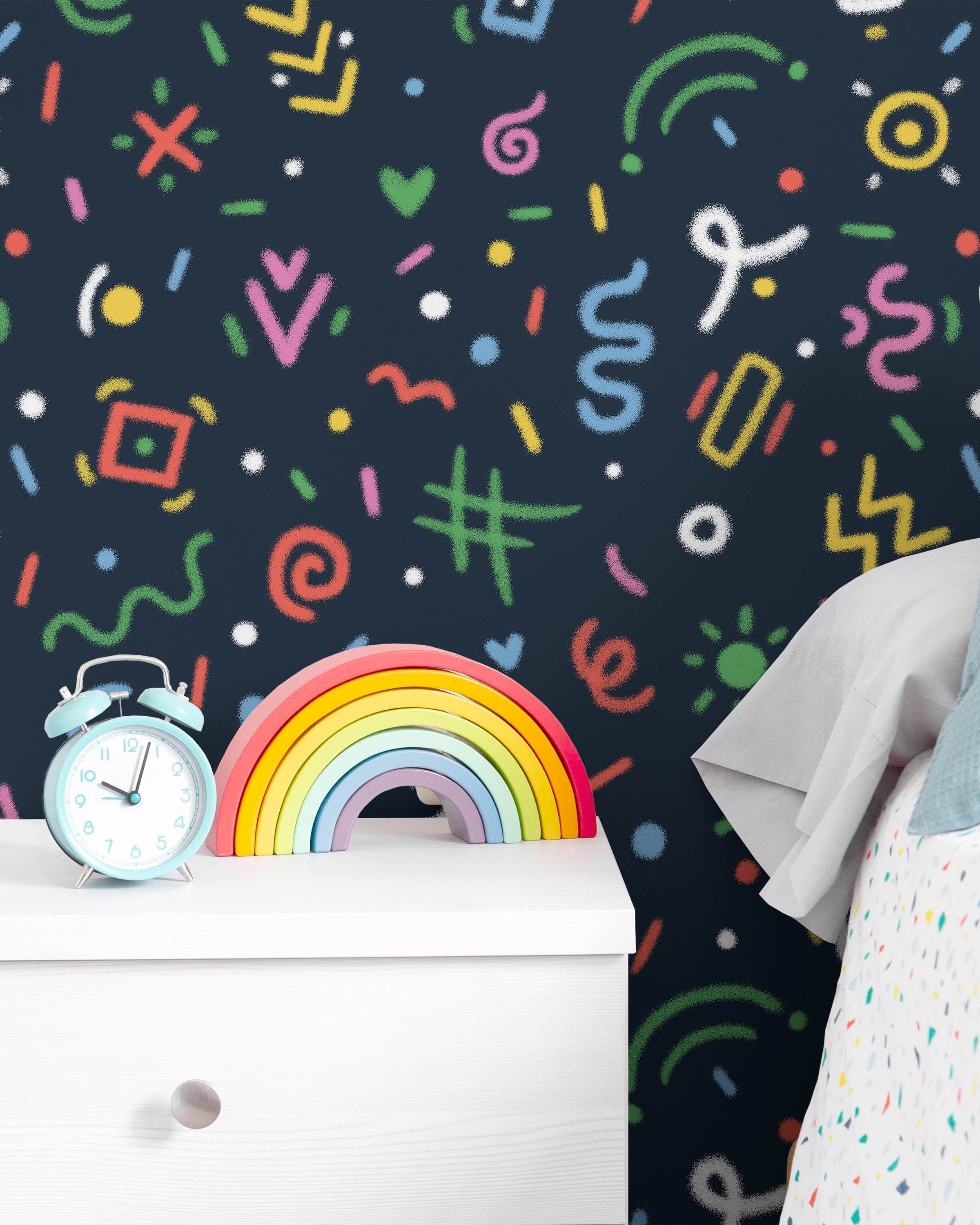 Chalk Doodles Peel and Stick Wallpaper, Removable Wallpaper, Traditional Wallpaper - Navy Blue | DeccoPrint