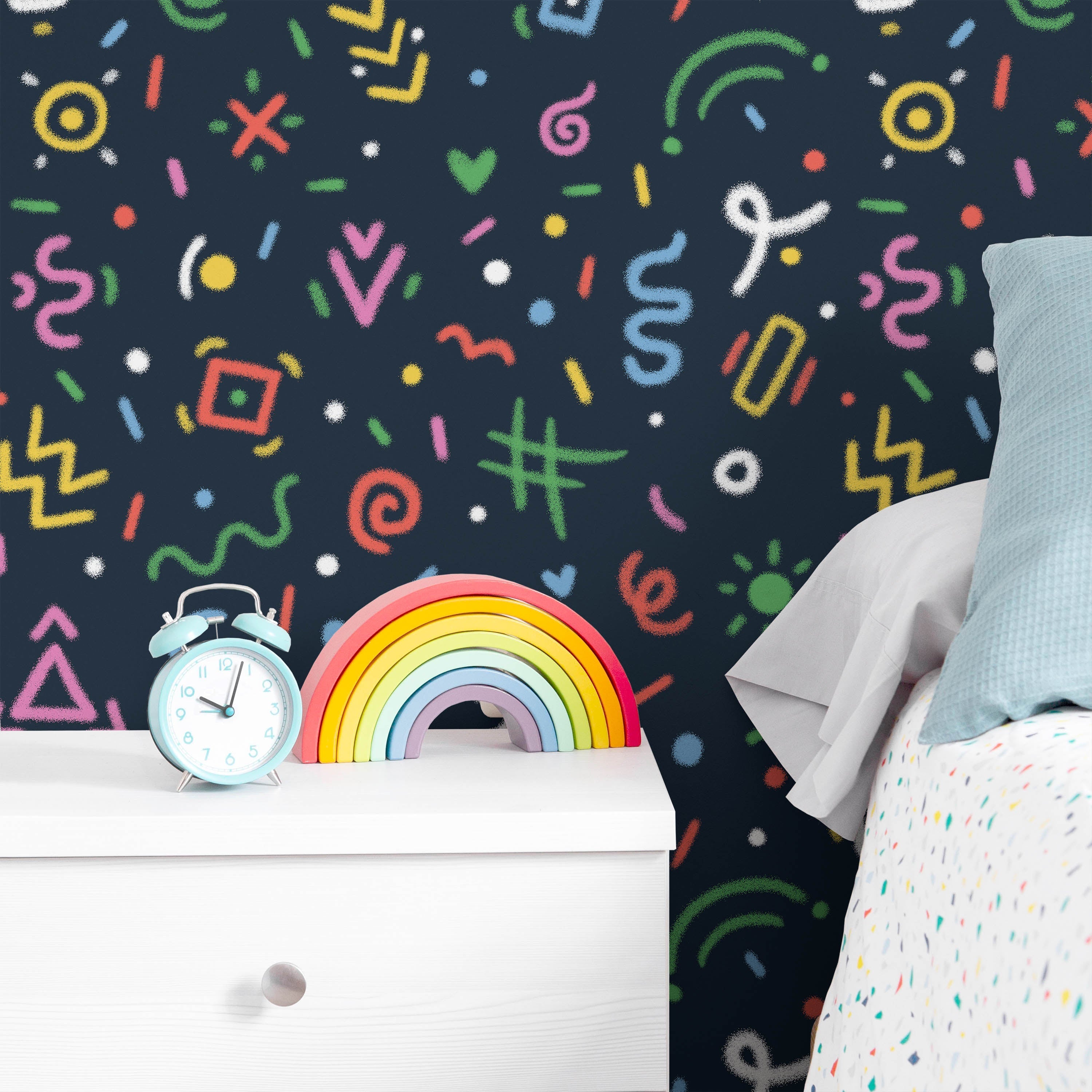 Chalk Doodles Peel and Stick Wallpaper, Removable Wallpaper, Traditional Wallpaper - Navy Blue | DeccoPrint