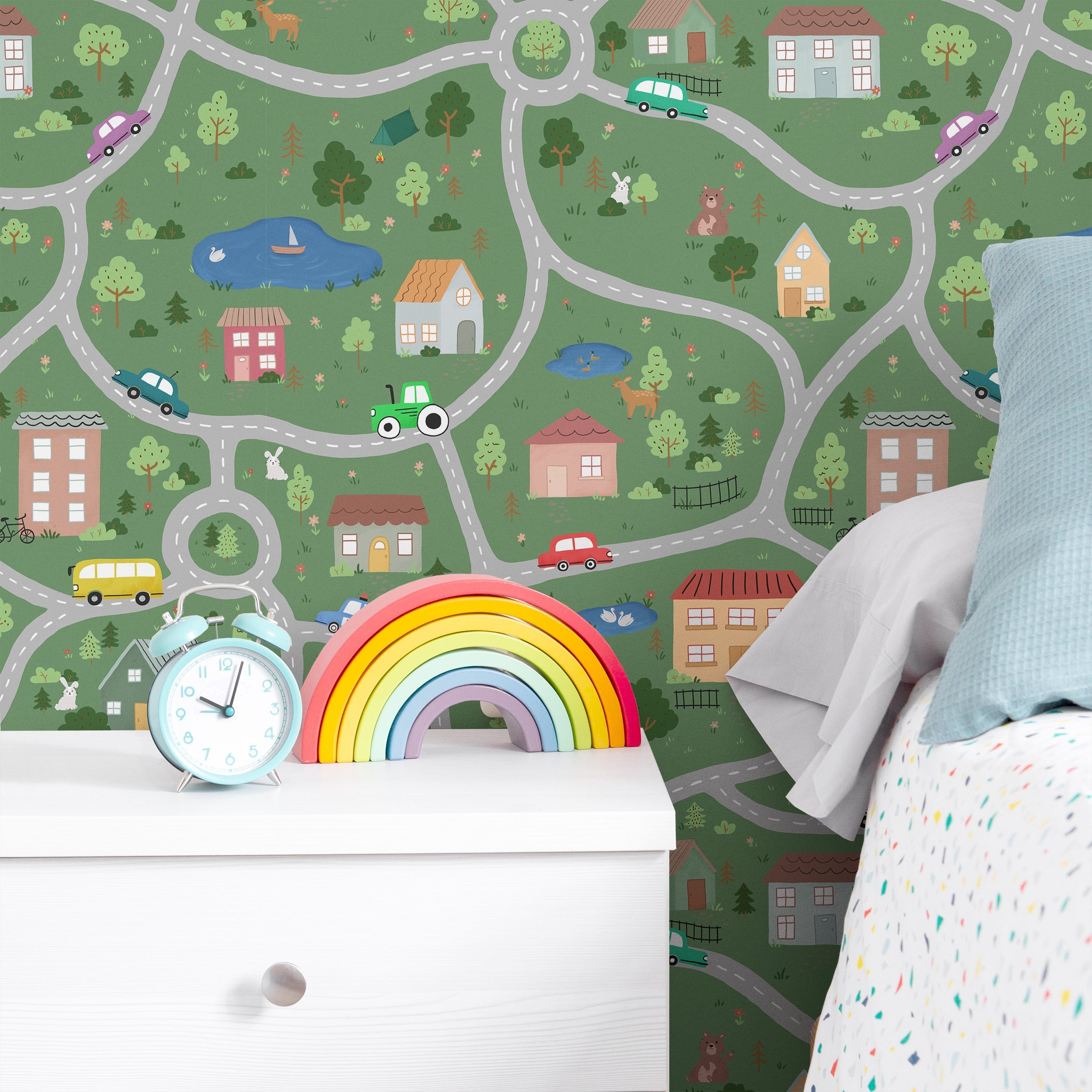 Tiny Town Explorer Peel and Stick Wallpaper, Removable Wallpaper, Traditional Wallpaper - Green | DeccoPrint