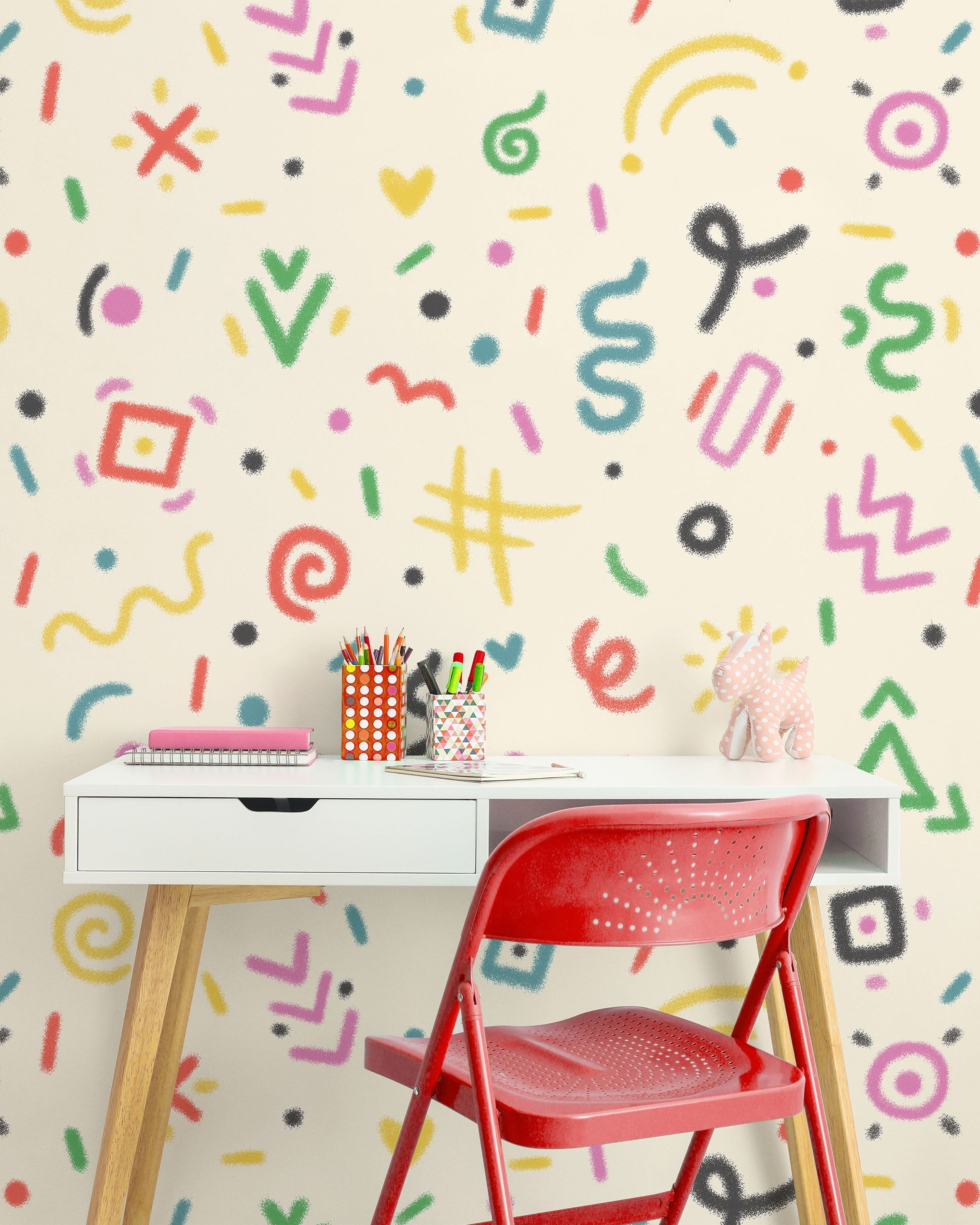 Chalk Doodles Peel and Stick Wallpaper, Removable Wallpaper, Traditional Wallpaper - Warm Beige | DeccoPrint