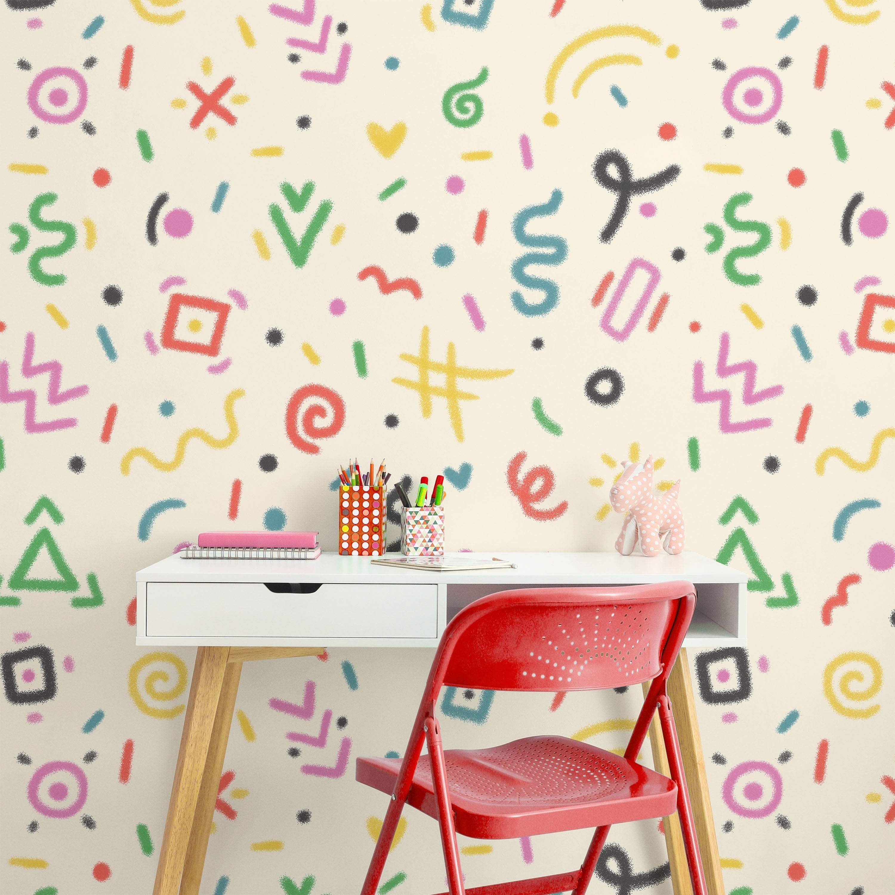 Chalk Doodles Peel and Stick Wallpaper, Removable Wallpaper, Traditional Wallpaper - Warm Beige | DeccoPrint