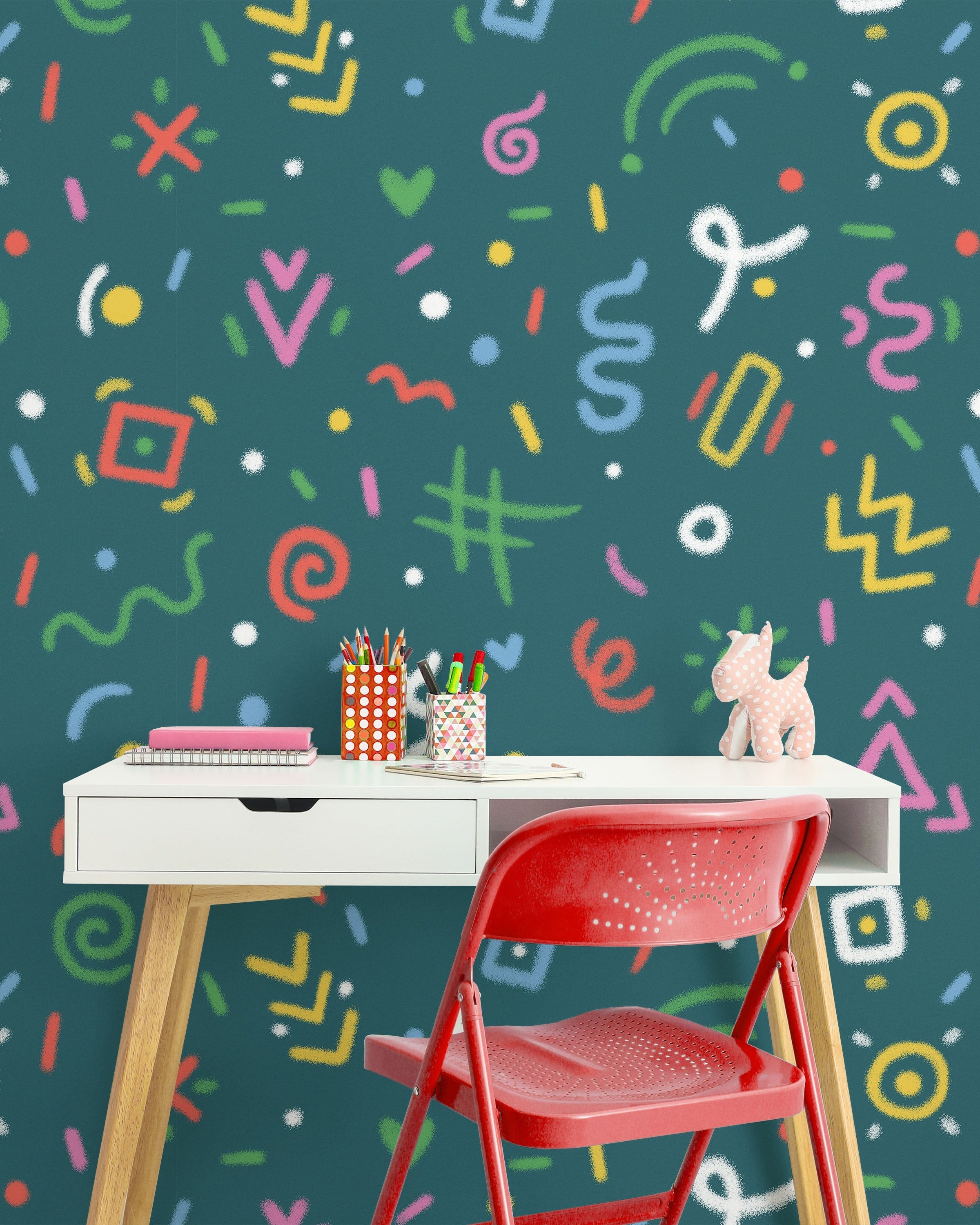 Chalk Doodles Peel and Stick Wallpaper, Removable Wallpaper, Traditional Wallpaper - Dark Teal | DeccoPrint