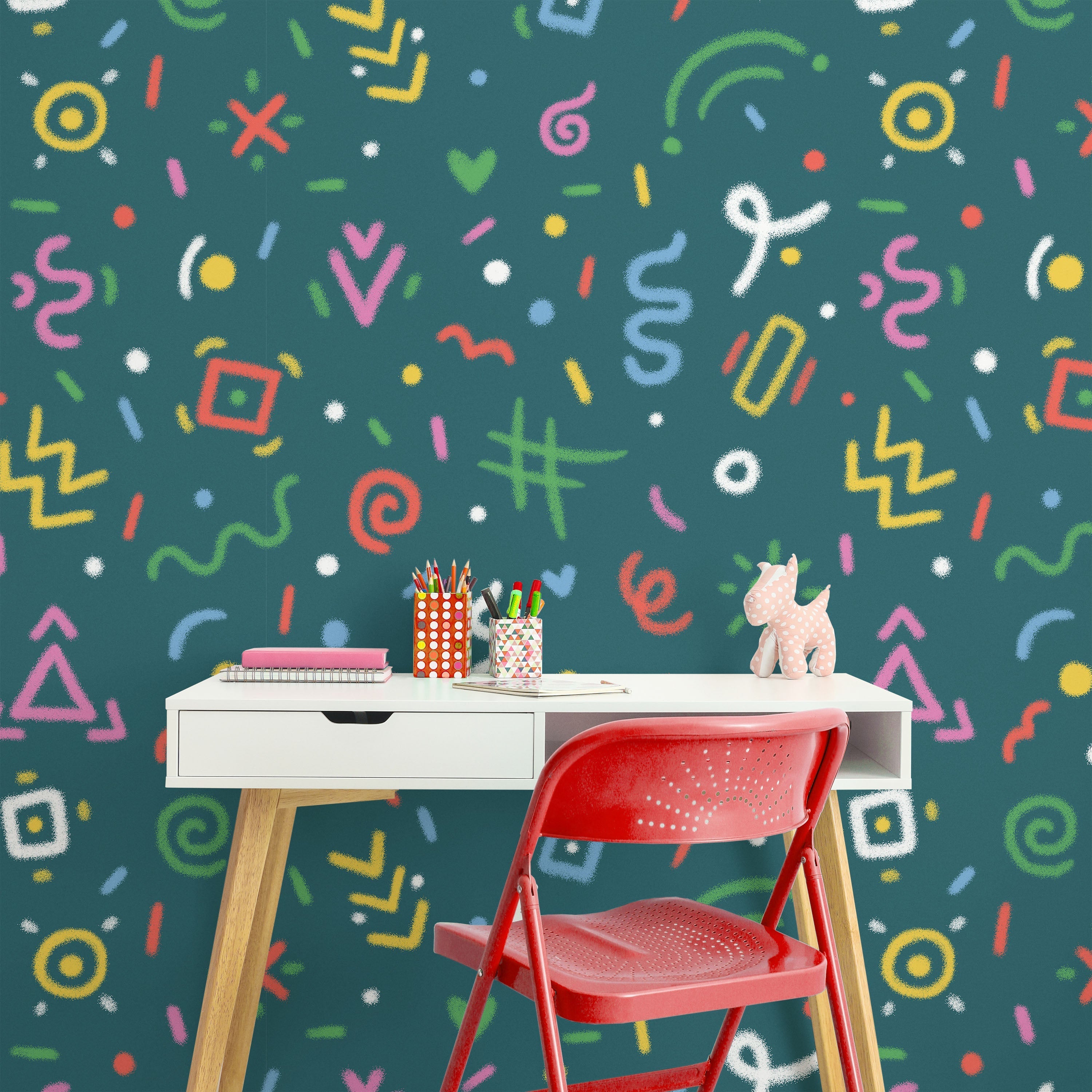 Chalk Doodles Peel and Stick Wallpaper, Removable Wallpaper, Traditional Wallpaper - Dark Teal | DeccoPrint