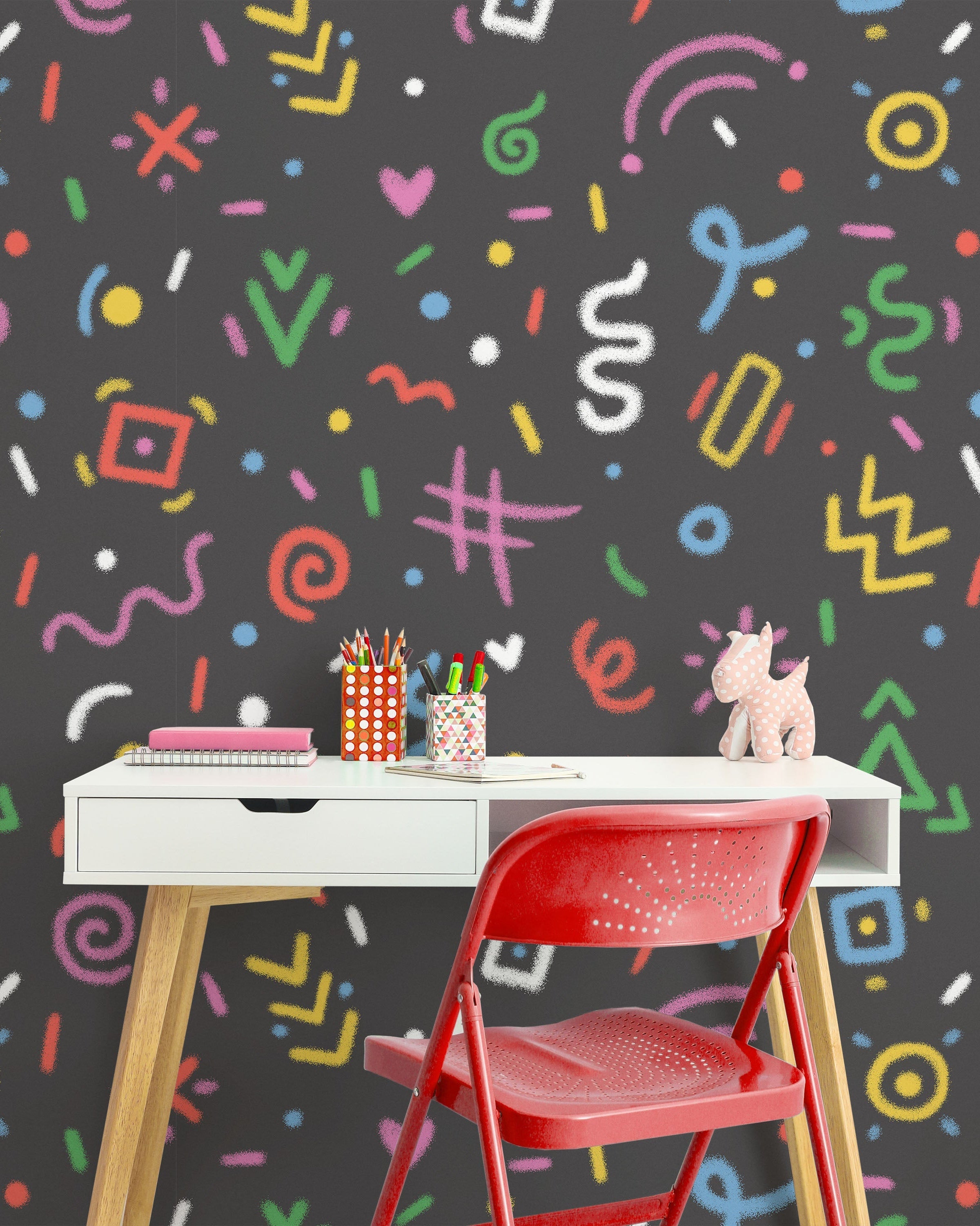 Chalk Doodles Peel and Stick Wallpaper, Removable Wallpaper, Traditional Wallpaper - Dark Grey | DeccoPrint