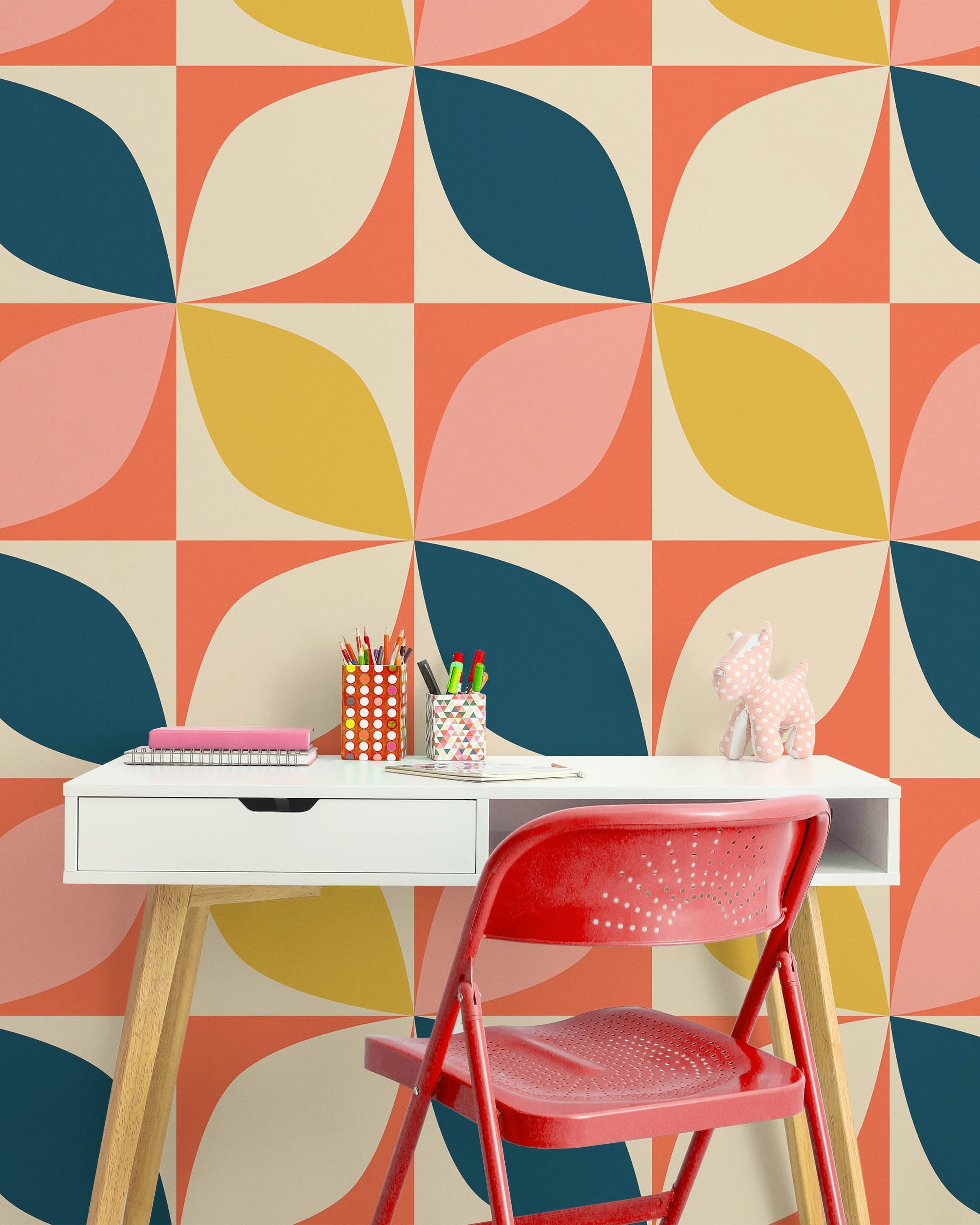 Geometric Bauhaus Peel and Stick Wallpaper, Removable Wallpaper, Traditional Wallpaper - Orange | DeccoPrint