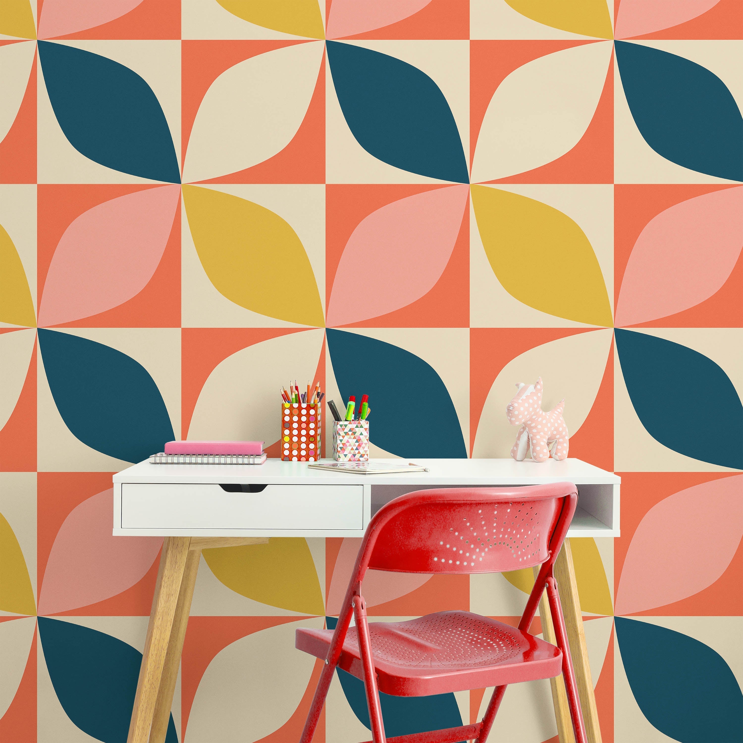 Geometric Bauhaus Peel and Stick Wallpaper, Removable Wallpaper, Traditional Wallpaper - Orange | DeccoPrint