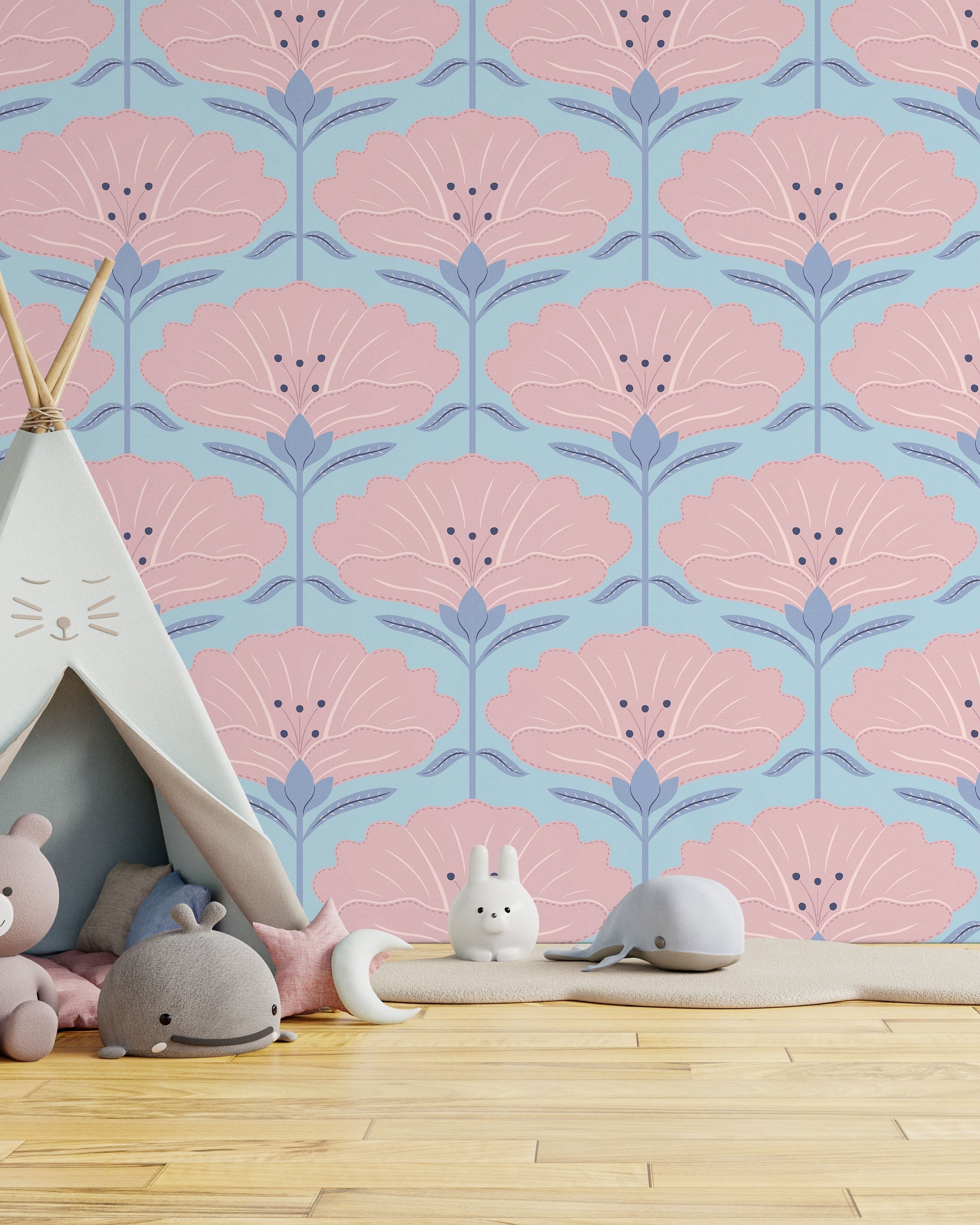 Dreamy Daisies Peel and Stick Wallpaper, Removable Wallpaper, Traditional Wallpaper - Blue | DeccoPrint