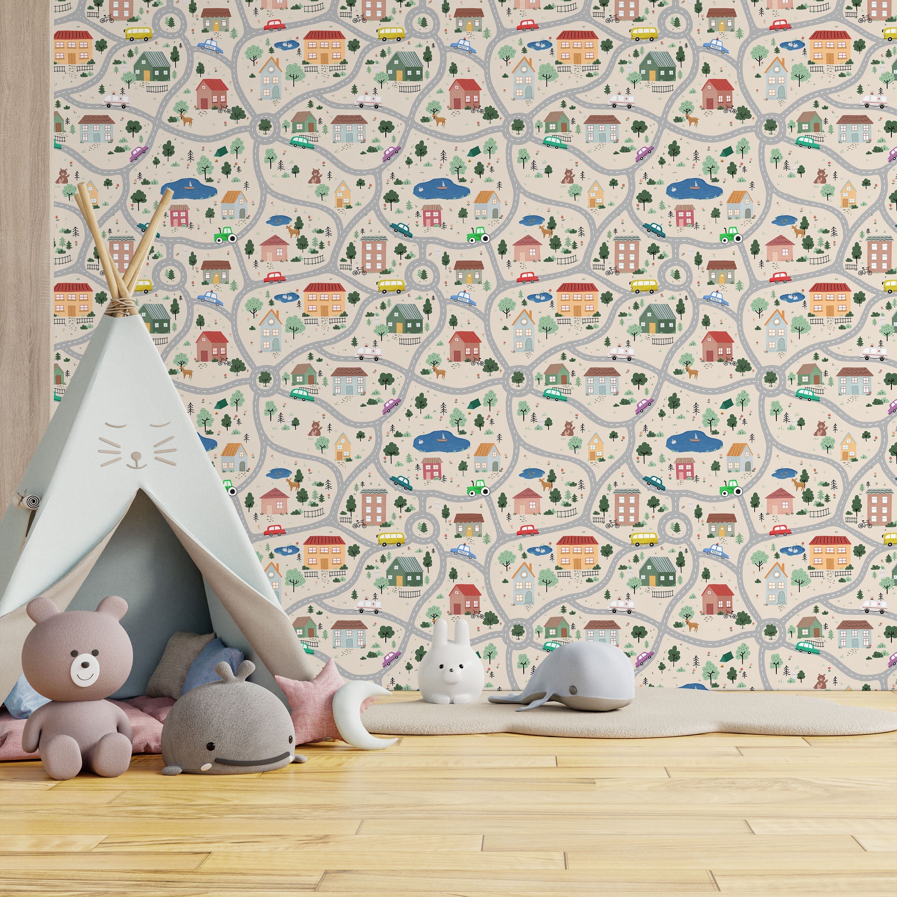 Tiny Town Explorer Peel and Stick Wallpaper, Removable Wallpaper, Traditional Wallpaper - Sand | DeccoPrint