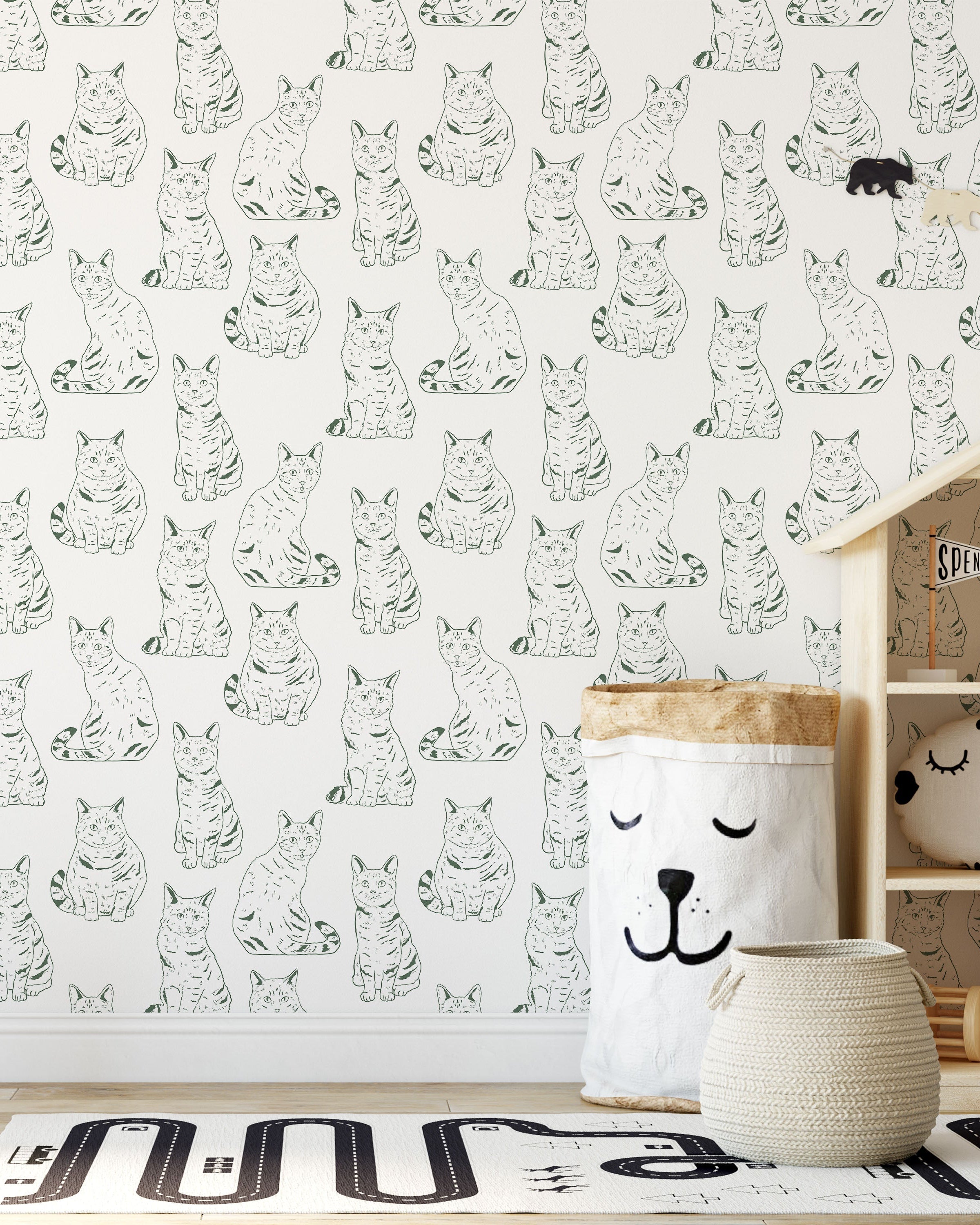 Those Cats Peel and Stick Wallpaper, Removable Wallpaper, Traditional Wallpaper - Green | DeccoPrint