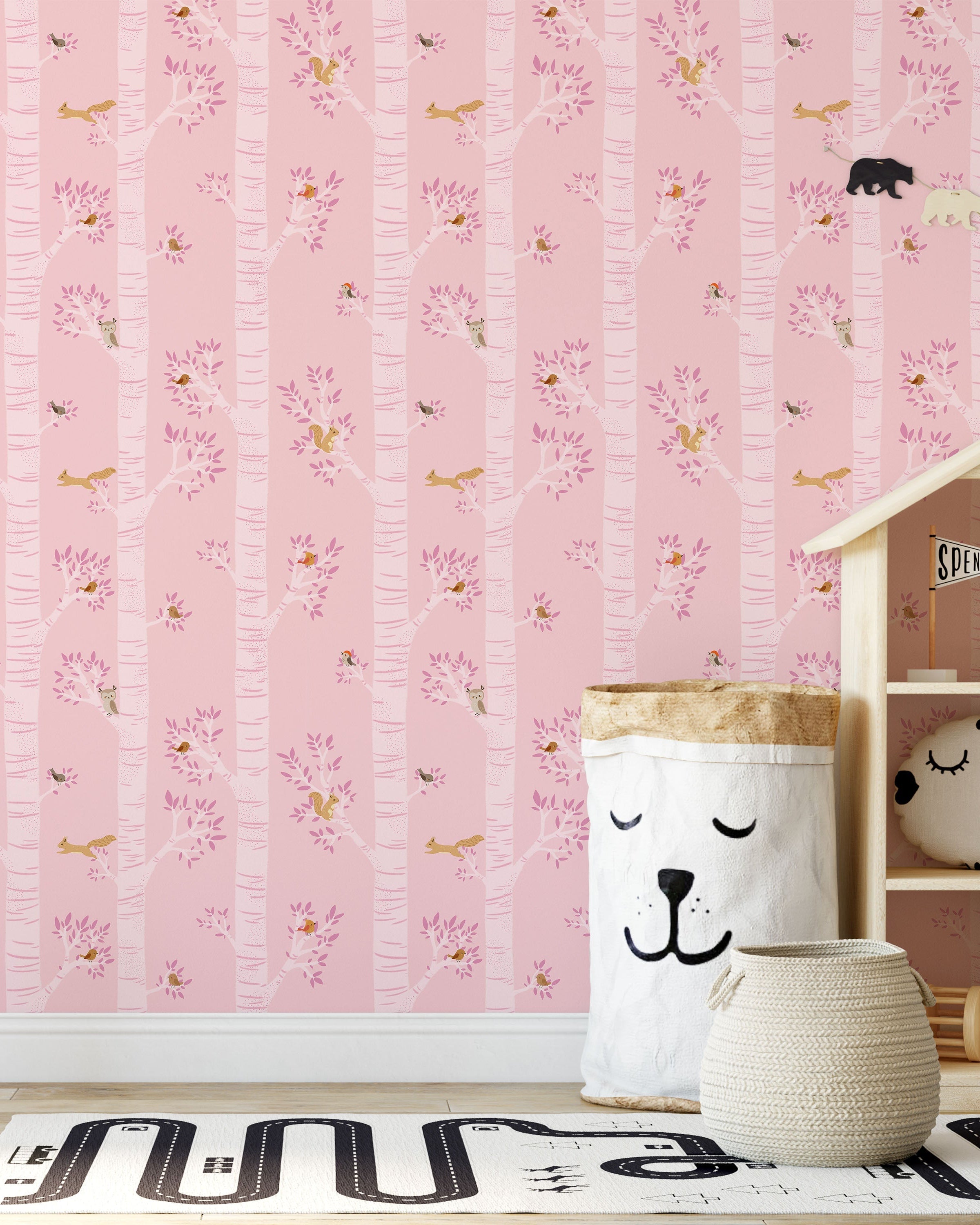 Treetop Tales Peel and Stick Wallpaper, Removable Wallpaper, Traditional Wallpaper - Bubblegum Pink | DeccoPrint