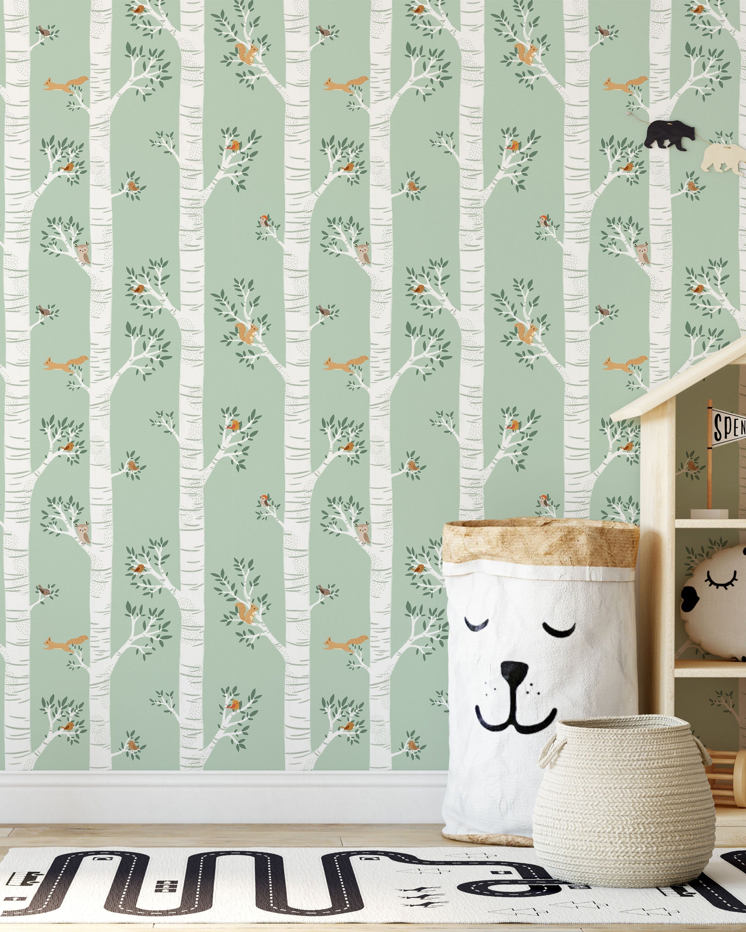 Treetop Tales Peel and Stick Wallpaper, Removable Wallpaper, Traditional Wallpaper - Sage Green | DeccoPrint