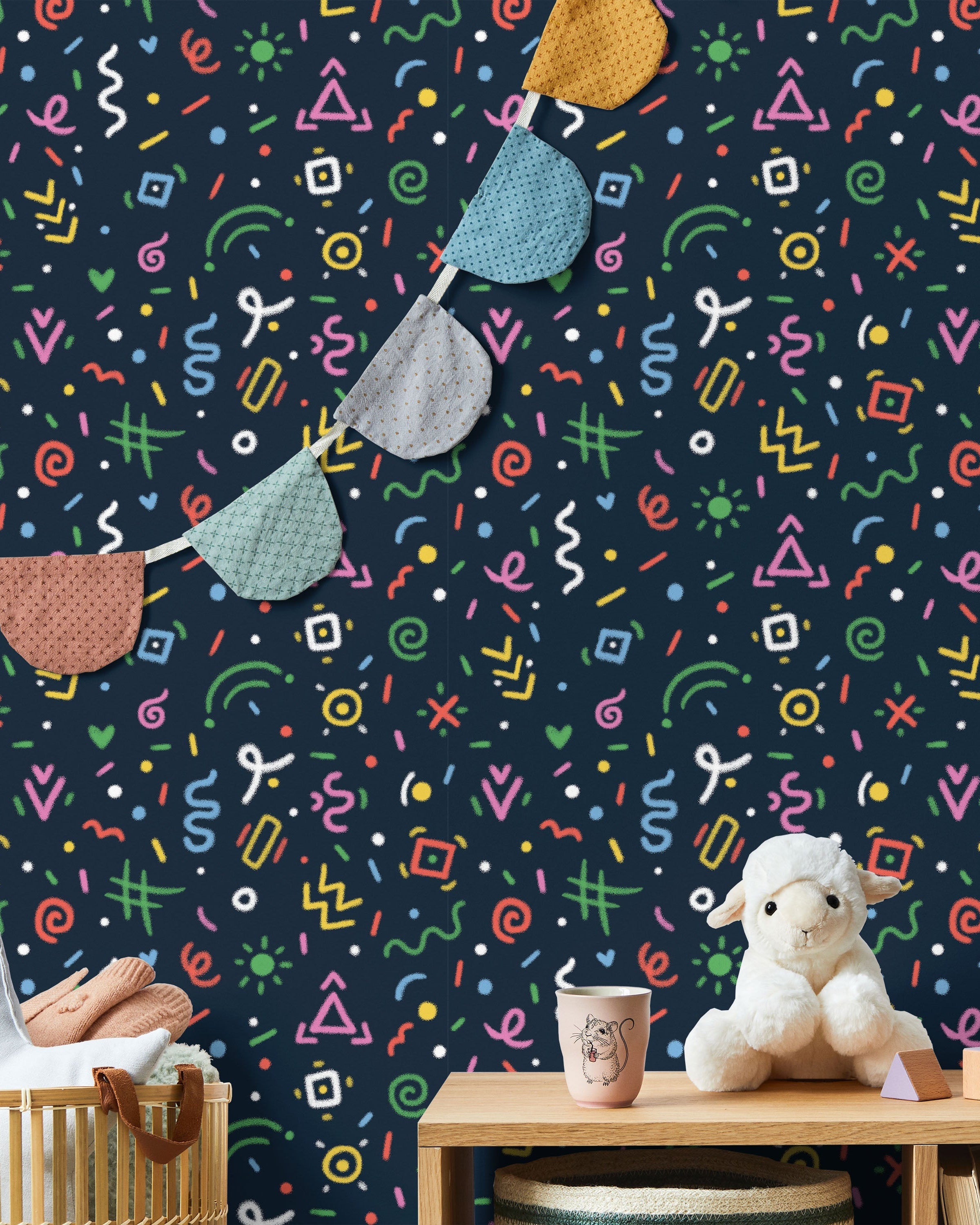 Chalk Doodles Peel and Stick Wallpaper, Removable Wallpaper, Traditional Wallpaper - Navy Blue | DeccoPrint