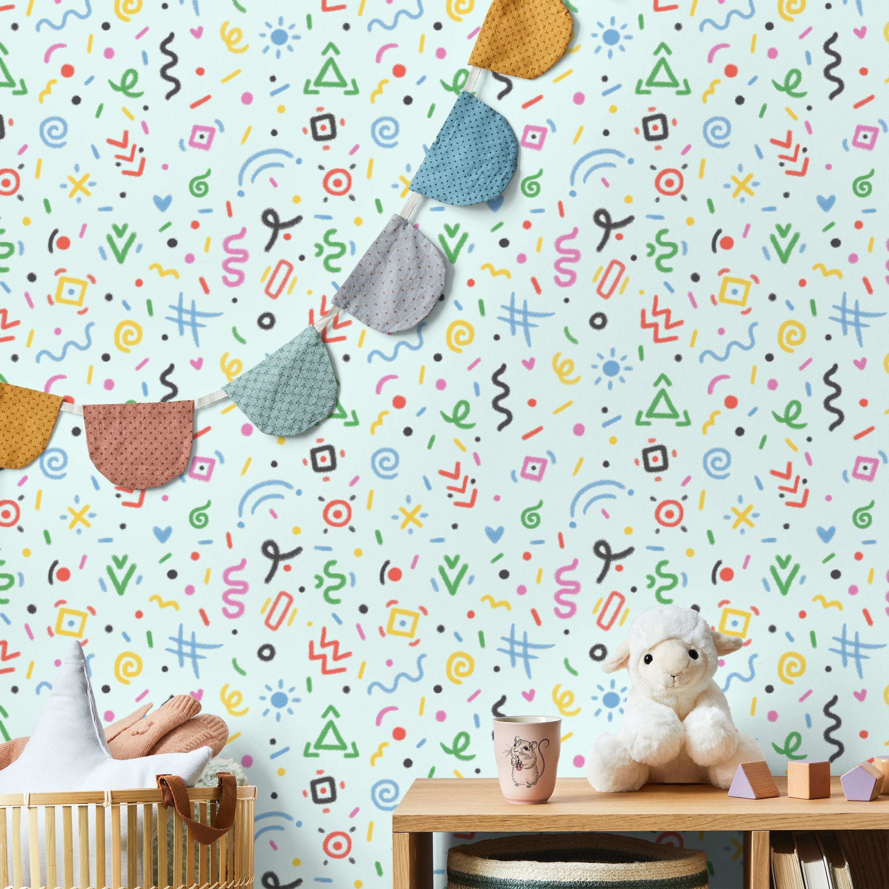 Chalk Doodles Peel and Stick Wallpaper, Removable Wallpaper, Traditional Wallpaper - Light Mint | DeccoPrint