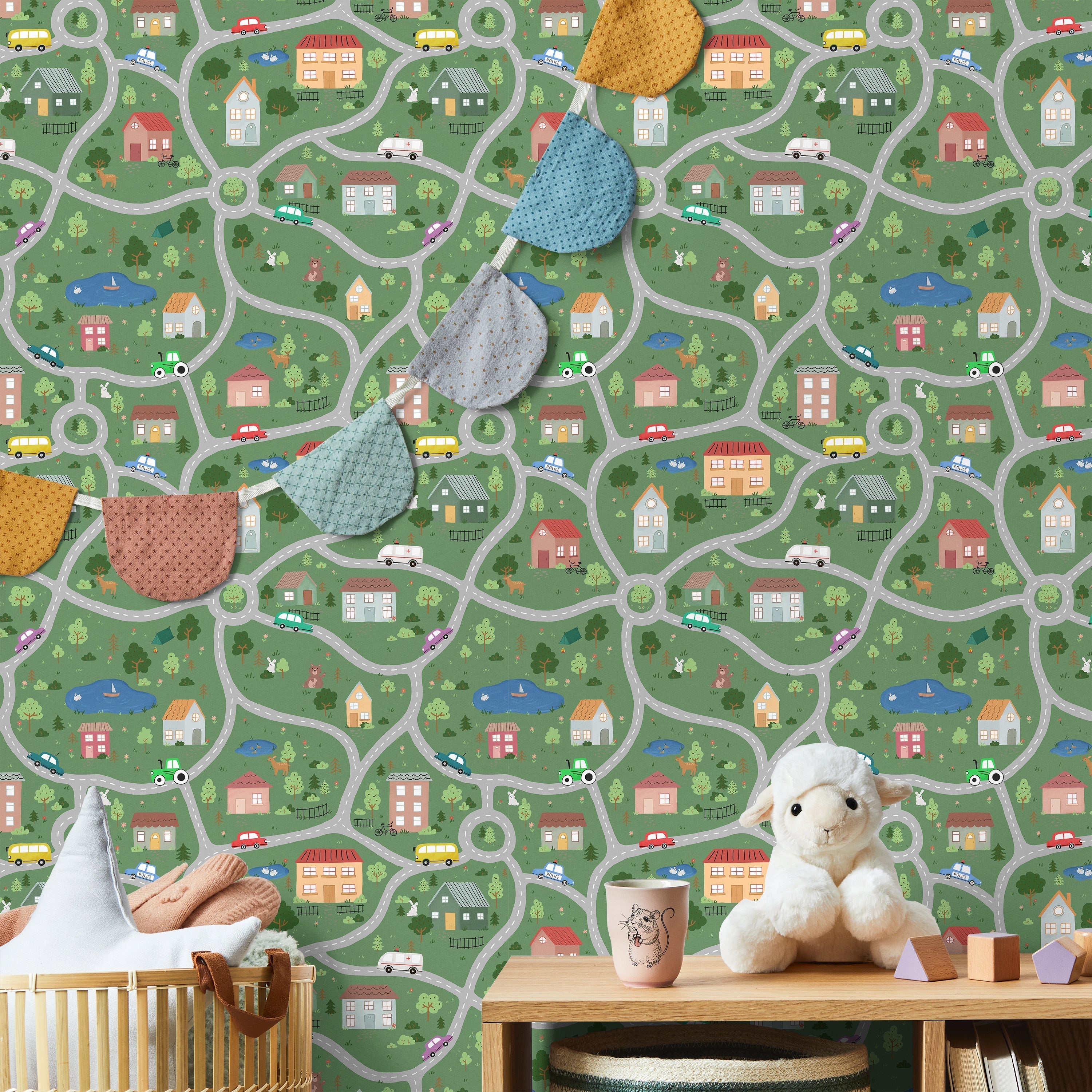 Tiny Town Explorer Peel and Stick Wallpaper, Removable Wallpaper, Traditional Wallpaper - Green | DeccoPrint