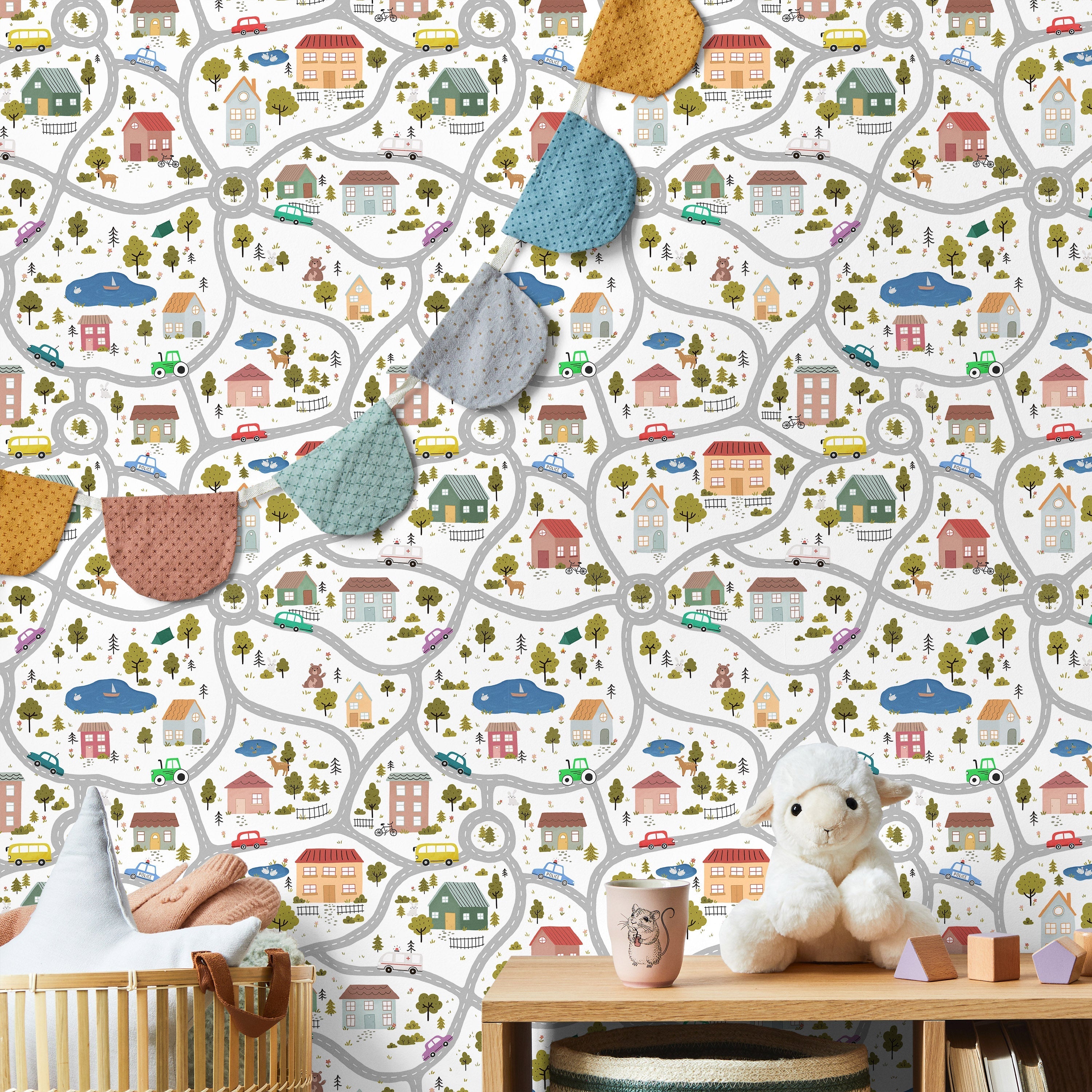 Tiny Town Explorer Peel and Stick Wallpaper, Removable Wallpaper, Traditional Wallpaper - White | DeccoPrint