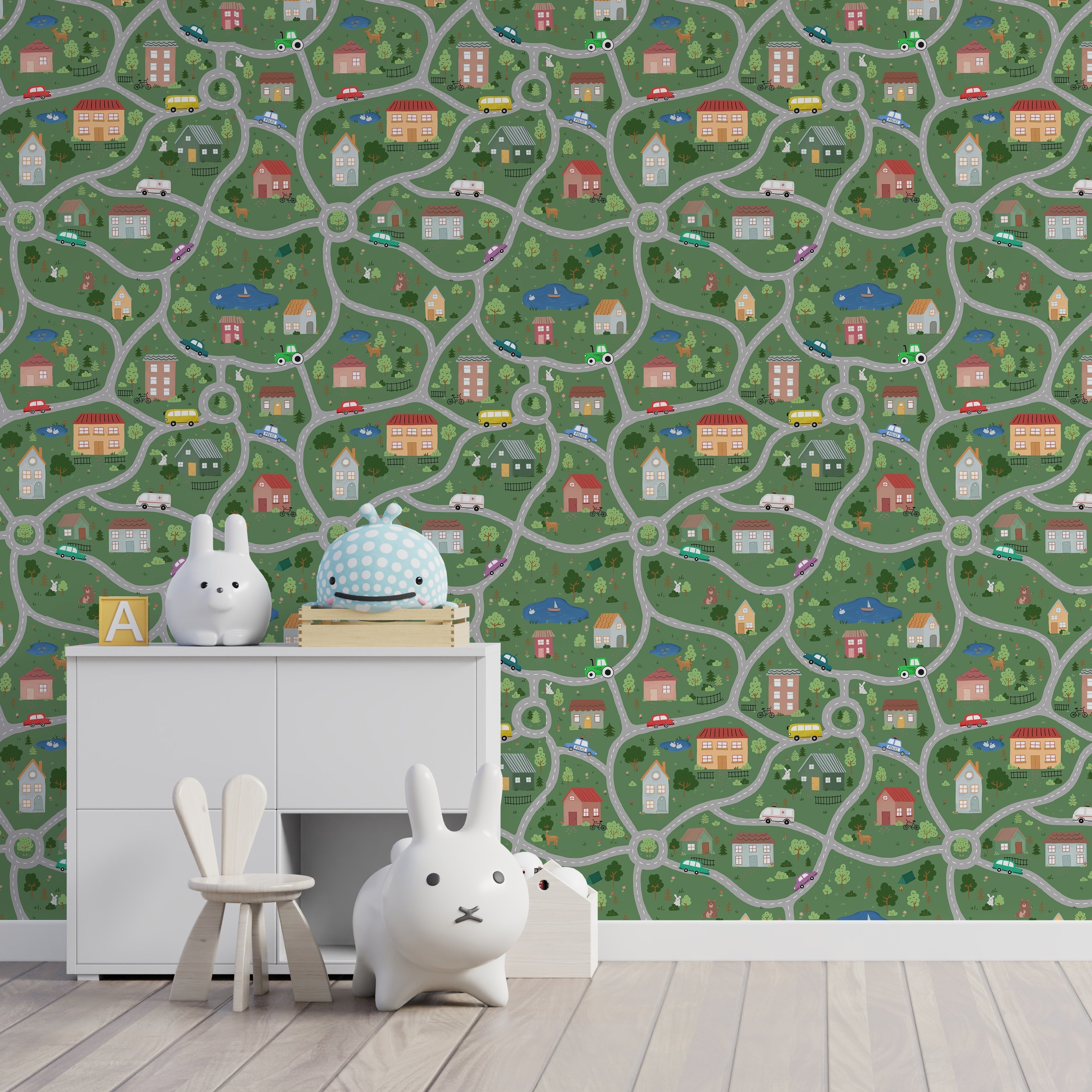 Tiny Town Explorer Peel and Stick Wallpaper, Removable Wallpaper, Traditional Wallpaper - Green | DeccoPrint