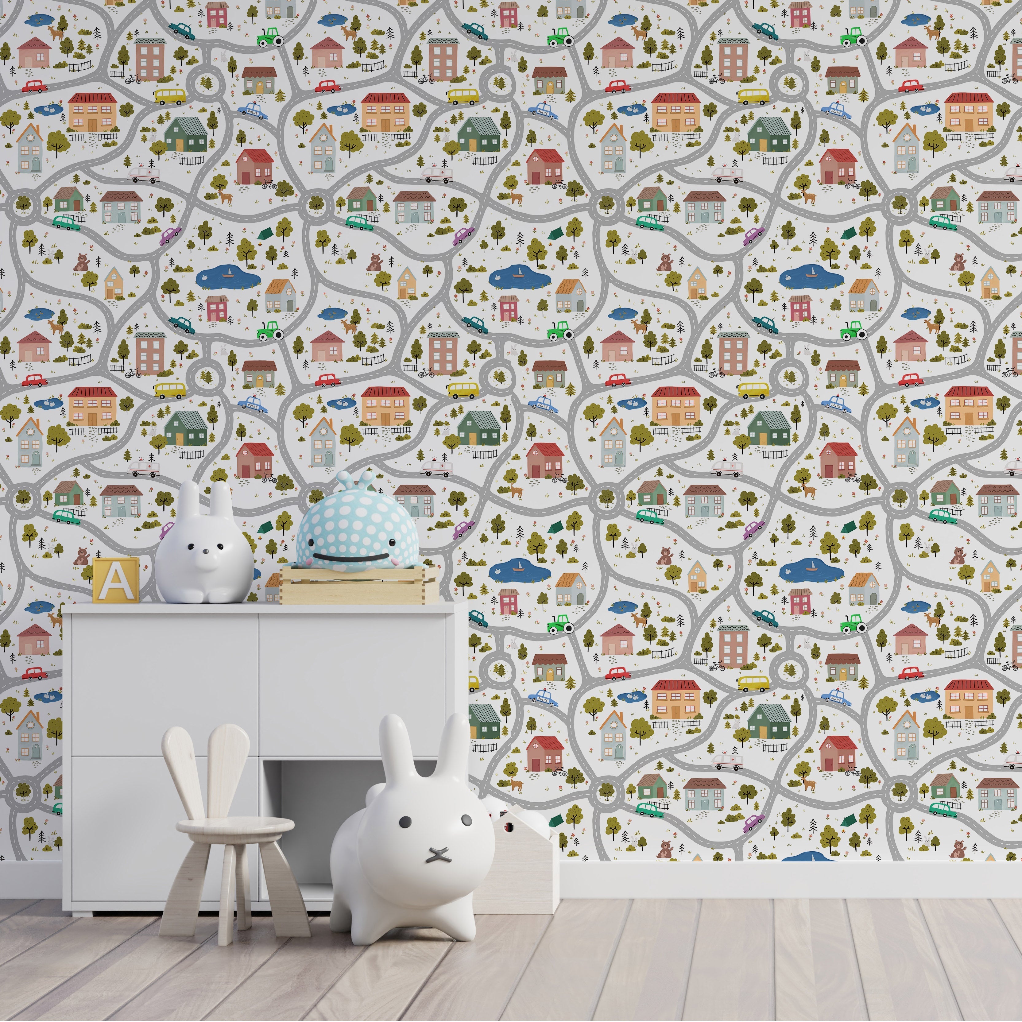 Tiny Town Explorer Peel and Stick Wallpaper, Removable Wallpaper, Traditional Wallpaper - White | DeccoPrint
