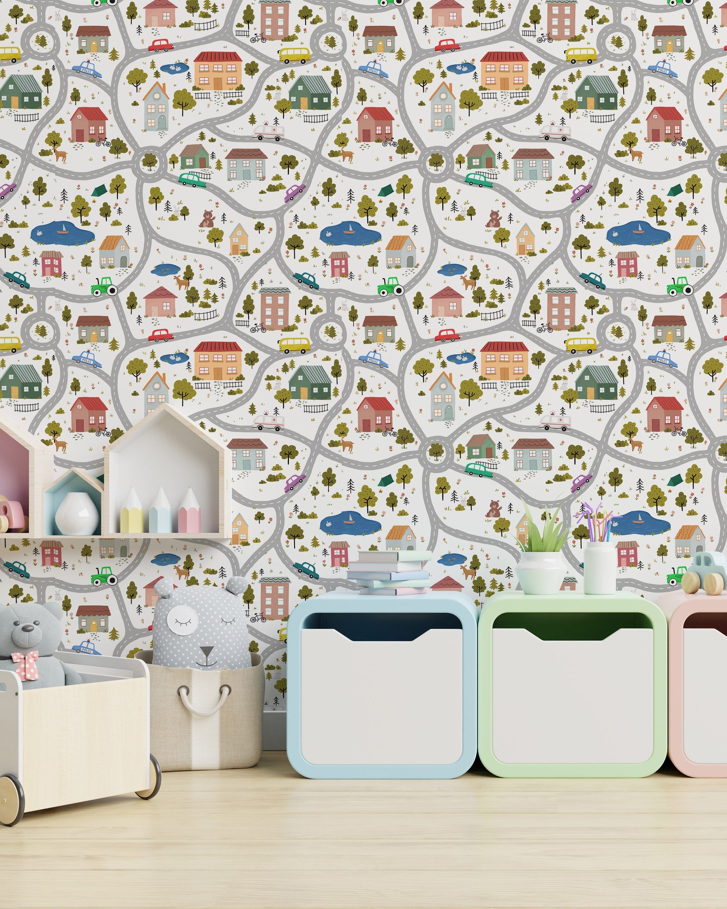 Tiny Town Explorer Peel and Stick Wallpaper, Removable Wallpaper, Traditional Wallpaper - White | DeccoPrint