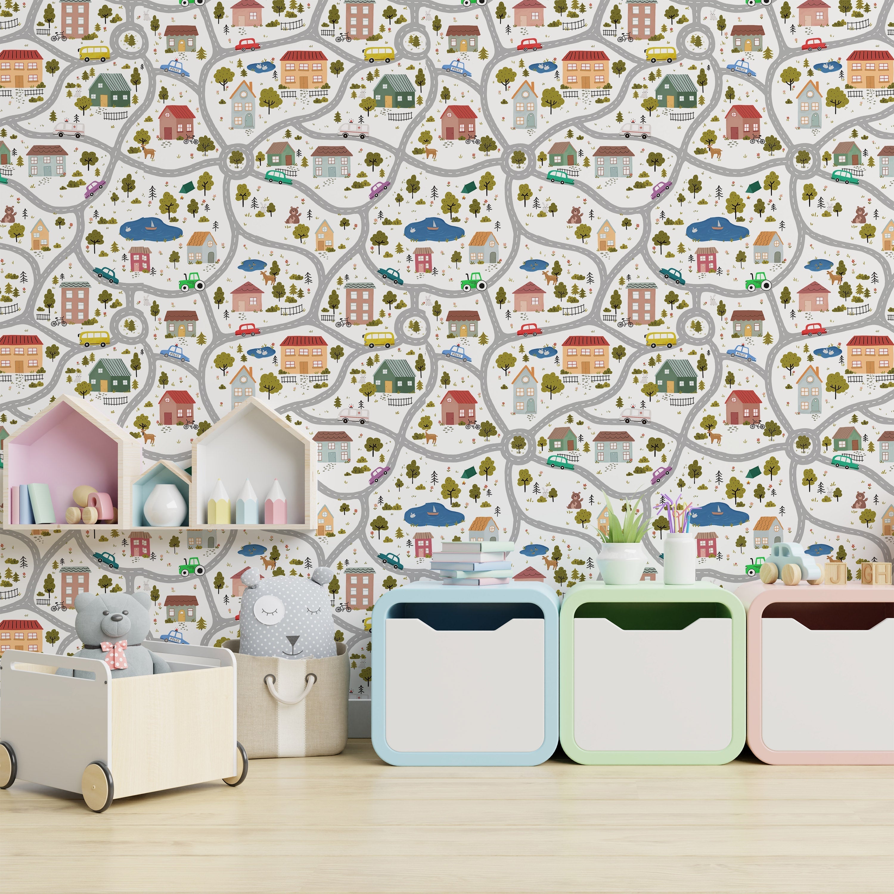 Tiny Town Explorer Peel and Stick Wallpaper, Removable Wallpaper, Traditional Wallpaper - White | DeccoPrint