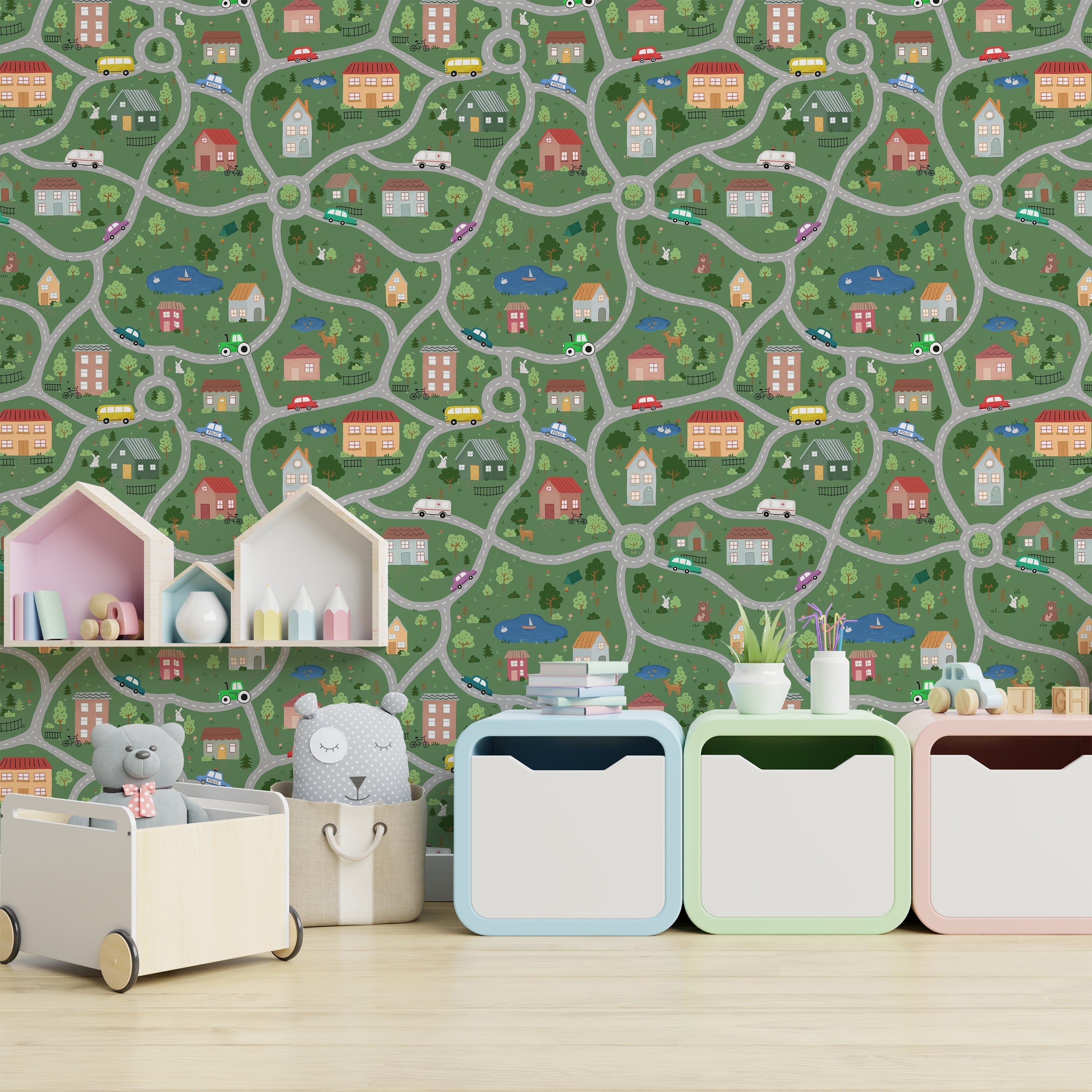 Tiny Town Explorer Peel and Stick Wallpaper, Removable Wallpaper, Traditional Wallpaper - Green | DeccoPrint