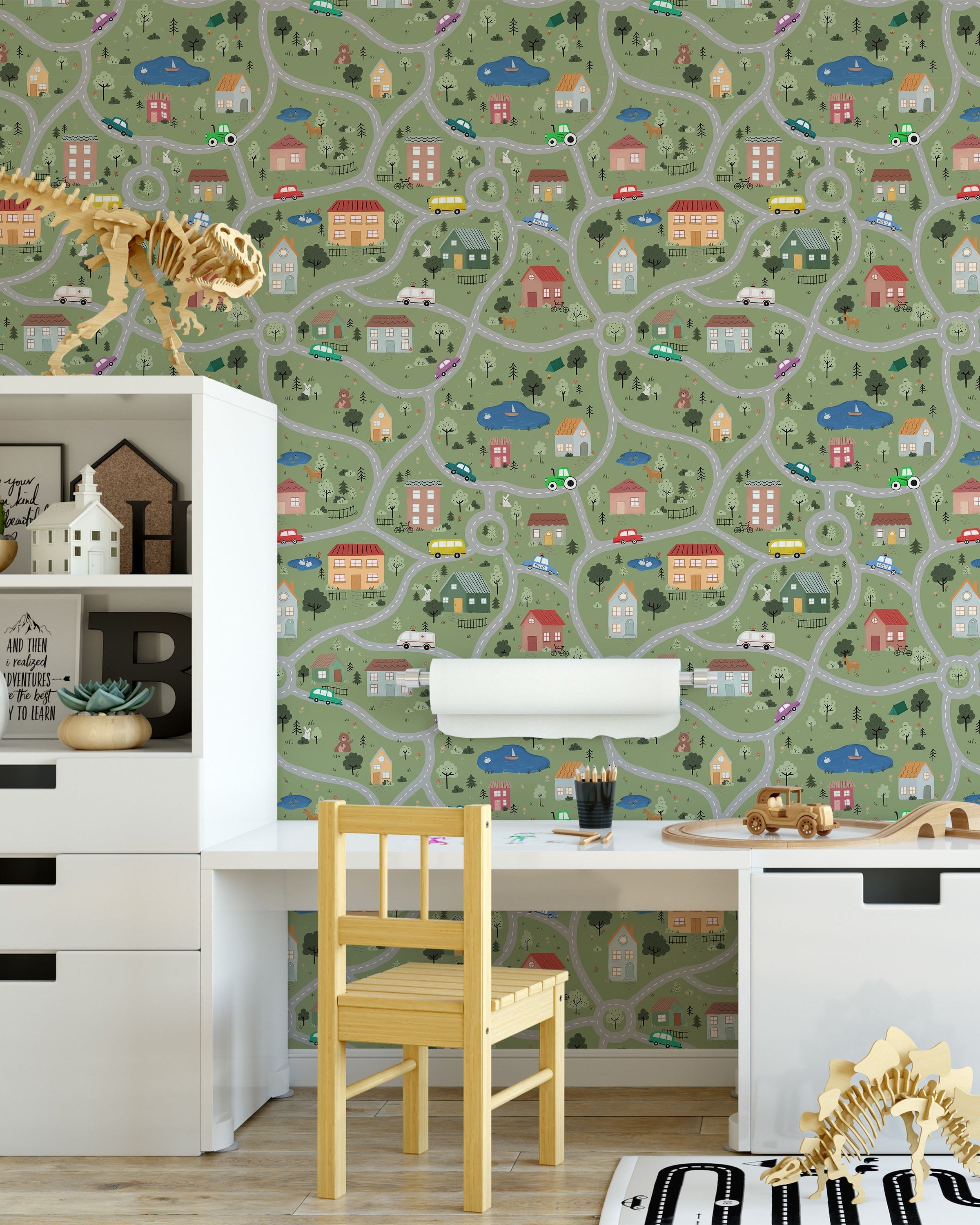 Tiny Town Explorer Peel and Stick Wallpaper, Removable Wallpaper, Traditional Wallpaper - Moss Green | DeccoPrint