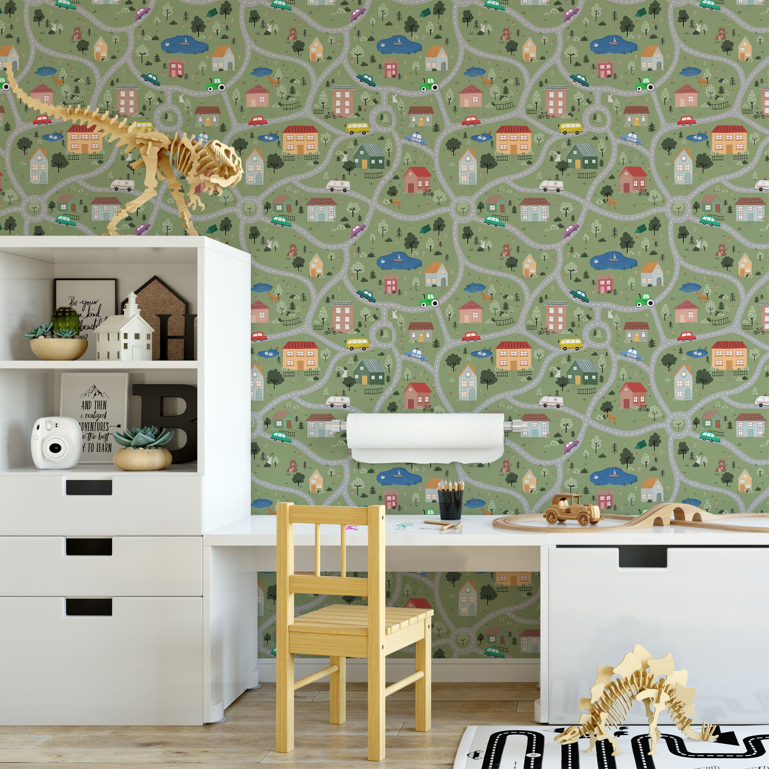 Tiny Town Explorer Peel and Stick Wallpaper, Removable Wallpaper, Traditional Wallpaper - Moss Green | DeccoPrint