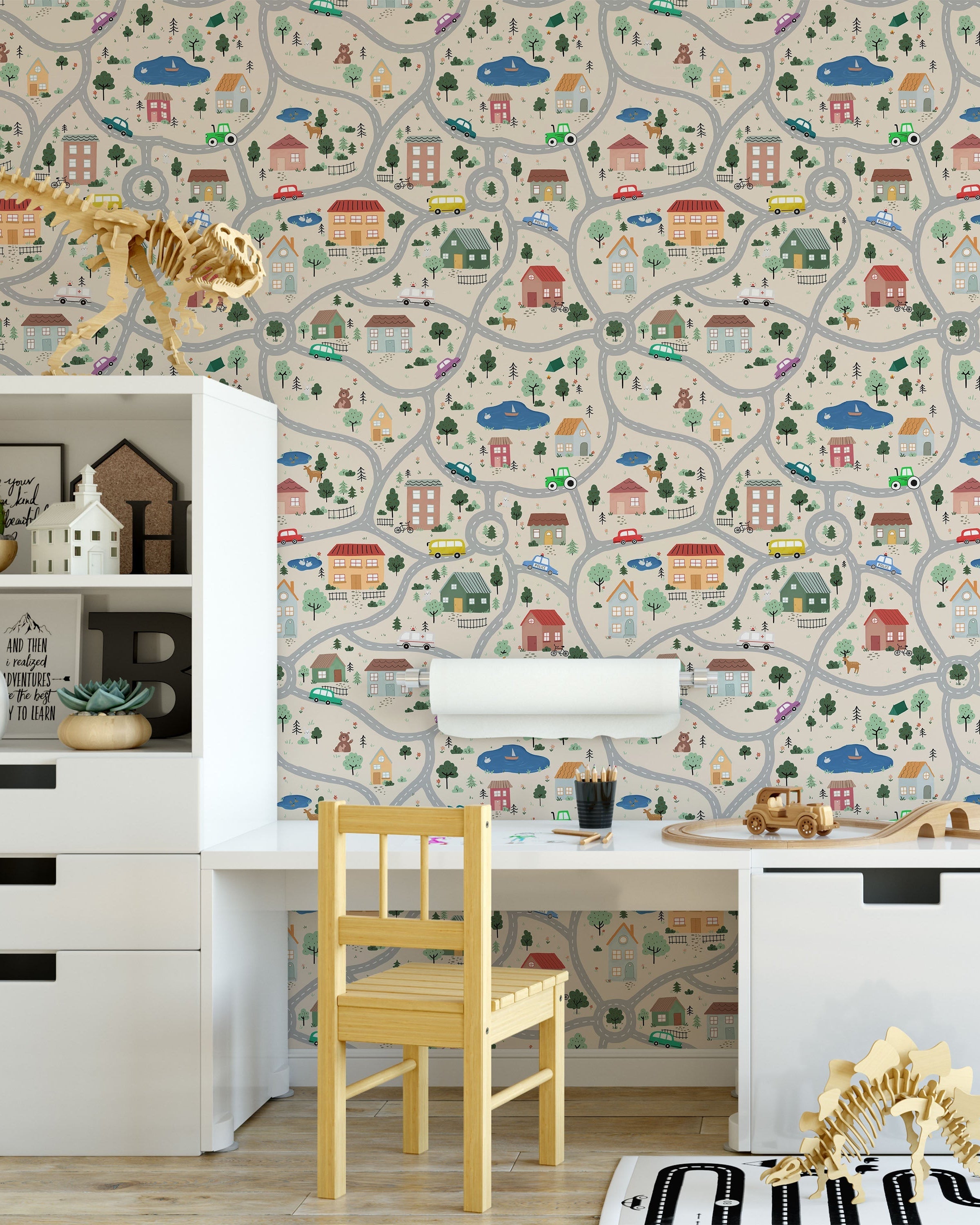 Tiny Town Explorer Peel and Stick Wallpaper, Removable Wallpaper, Traditional Wallpaper - Sand | DeccoPrint