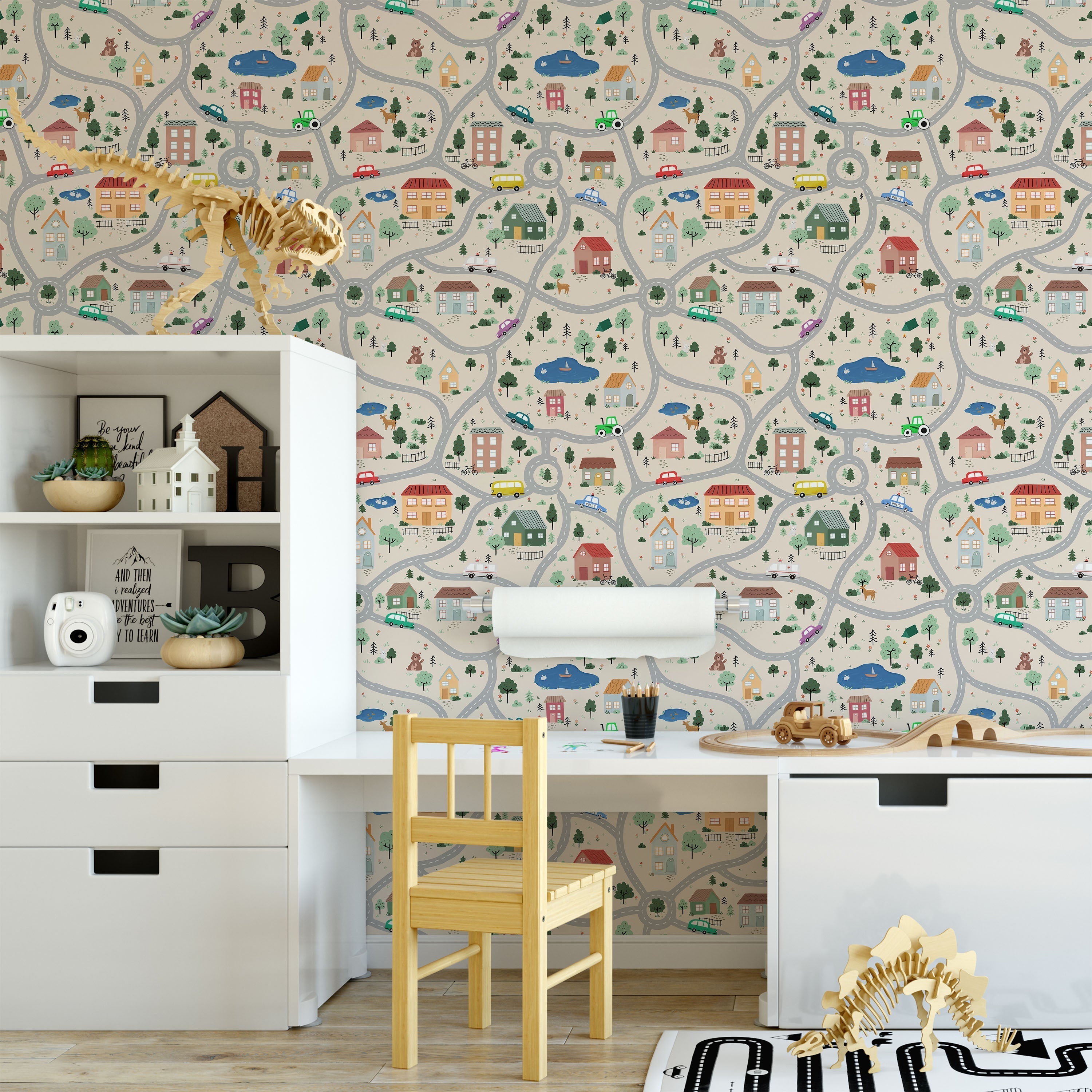 Tiny Town Explorer Peel and Stick Wallpaper, Removable Wallpaper, Traditional Wallpaper - Sand | DeccoPrint