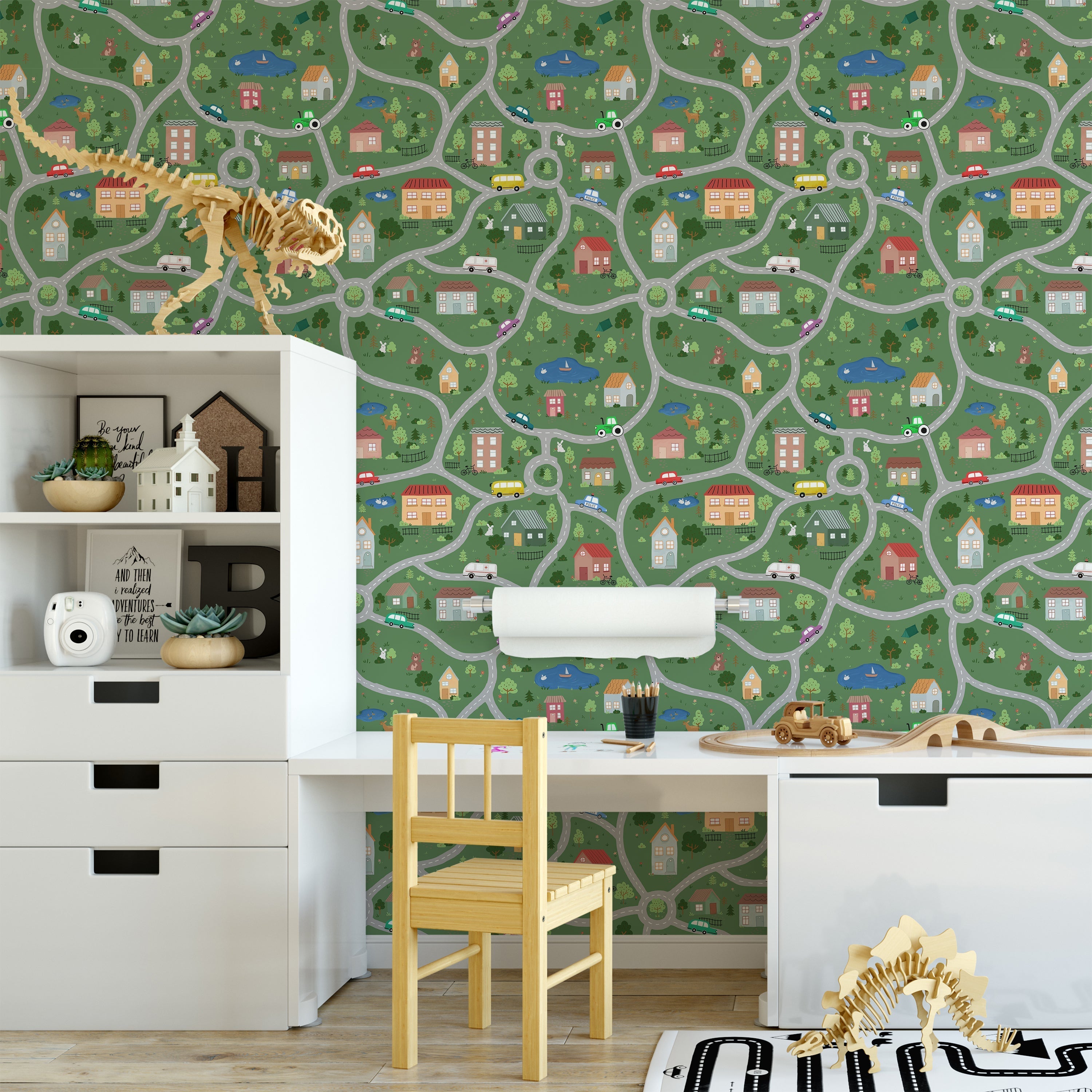 Tiny Town Explorer Peel and Stick Wallpaper, Removable Wallpaper, Traditional Wallpaper - Green | DeccoPrint