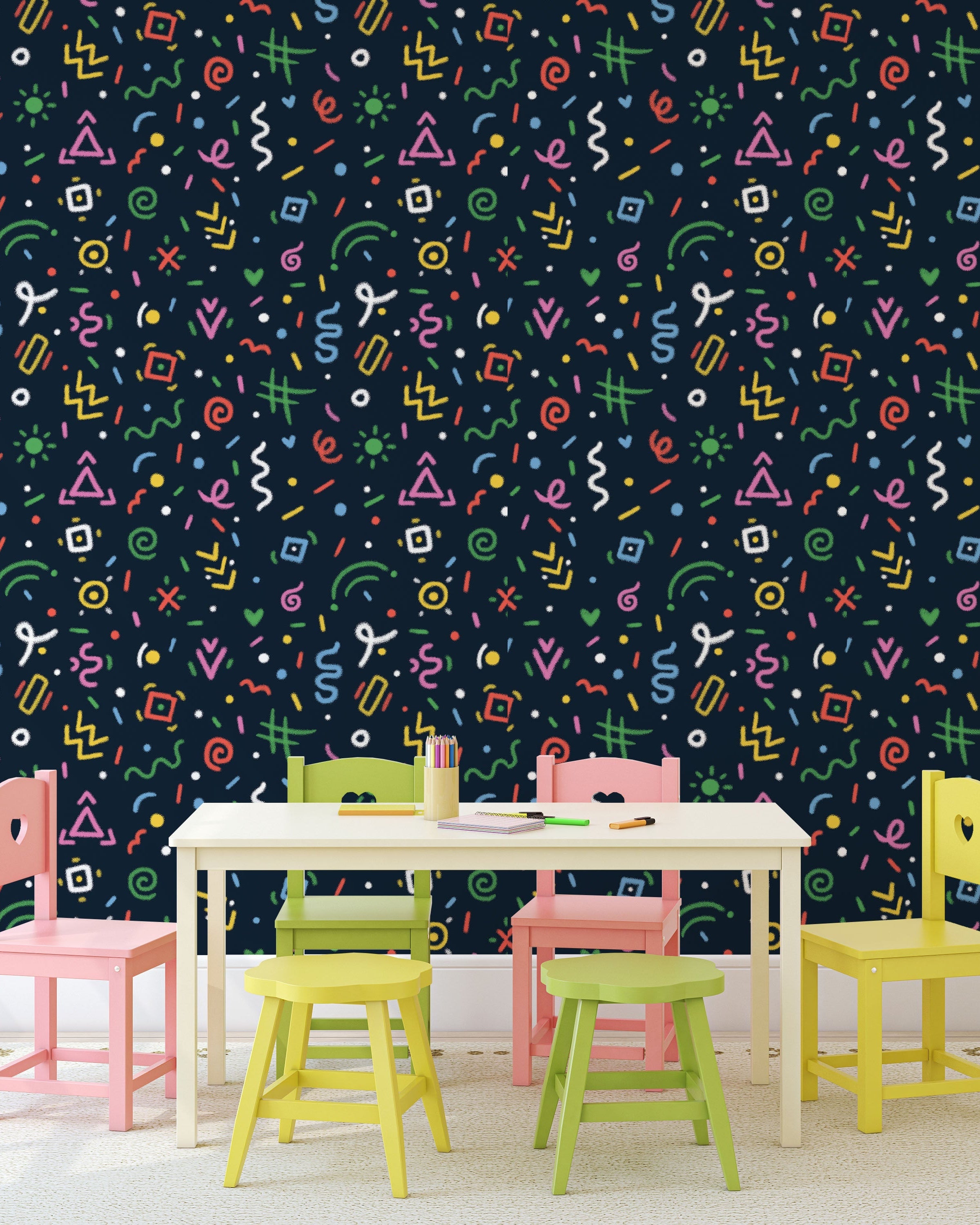 Chalk Doodles Peel and Stick Wallpaper, Removable Wallpaper, Traditional Wallpaper - Navy Blue | DeccoPrint