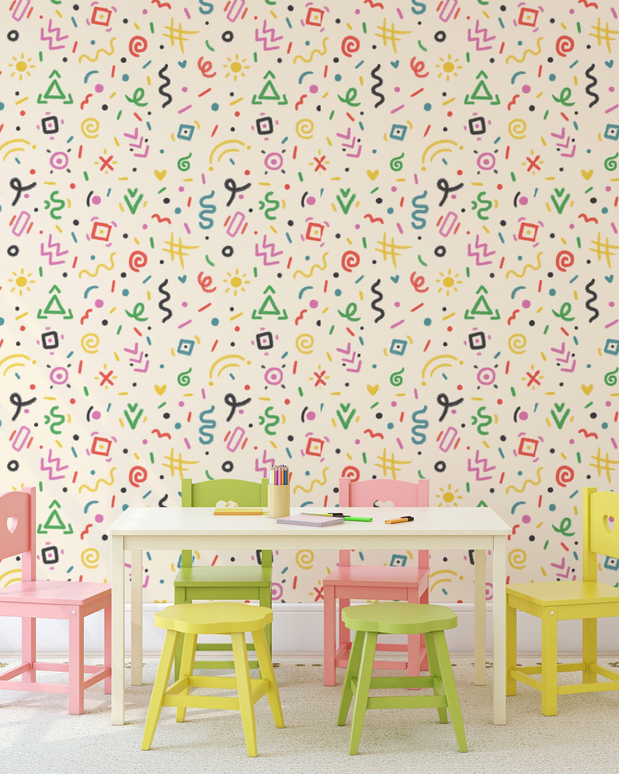 Chalk Doodles Peel and Stick Wallpaper, Removable Wallpaper, Traditional Wallpaper - Warm Beige | DeccoPrint