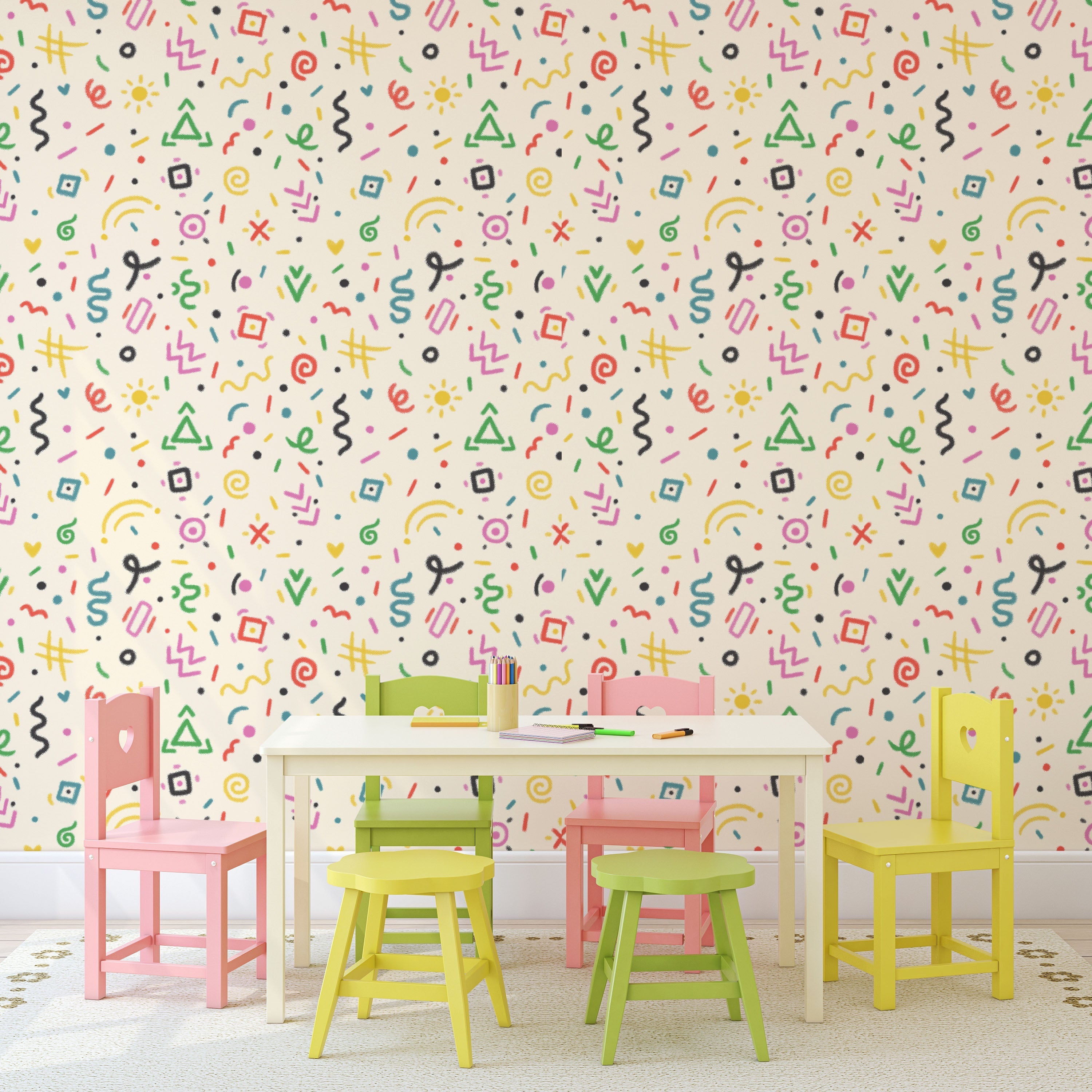 Chalk Doodles Peel and Stick Wallpaper, Removable Wallpaper, Traditional Wallpaper - Warm Beige | DeccoPrint