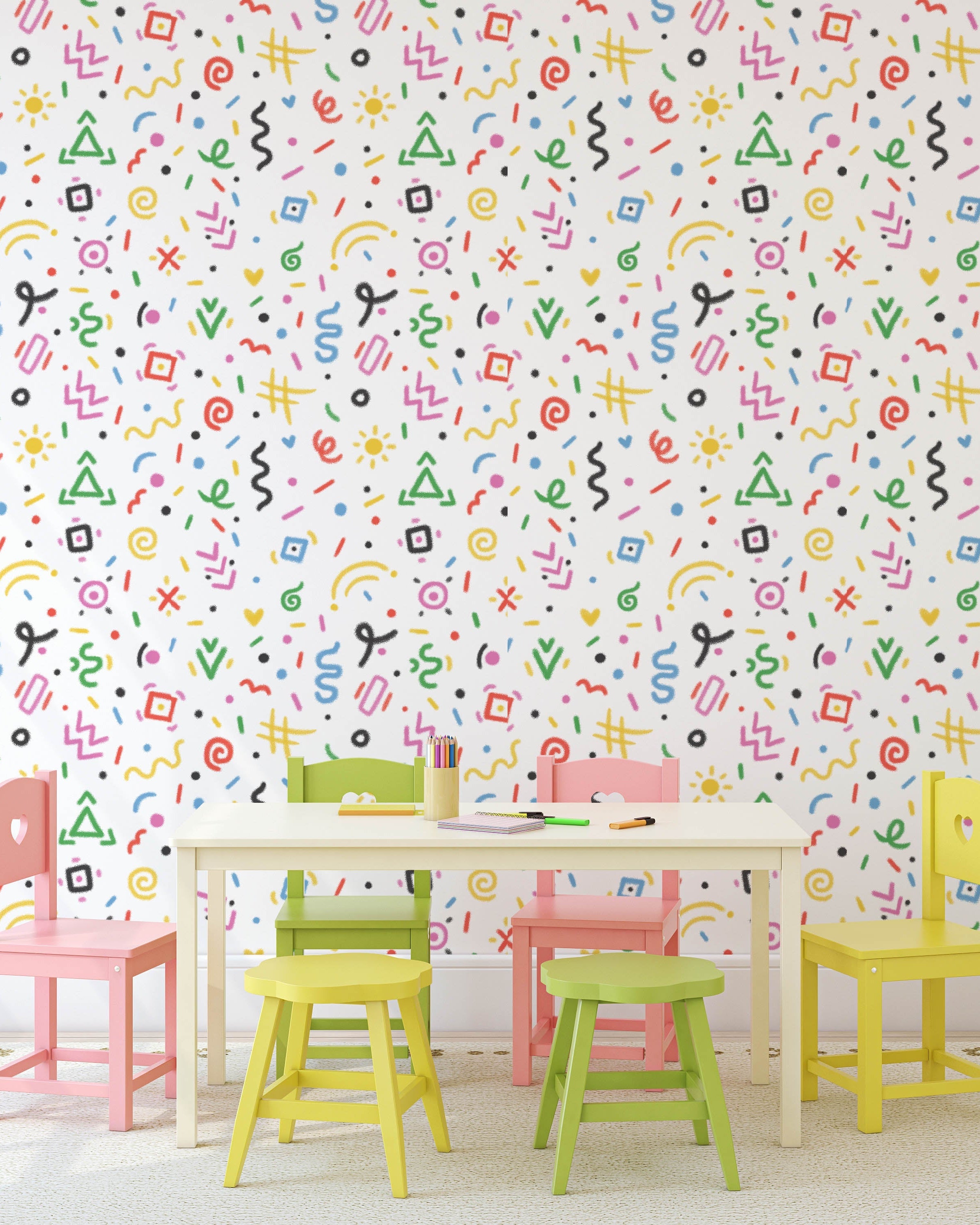 Chalk Doodles Peel and Stick Wallpaper, Removable Wallpaper, Traditional Wallpaper - Chalk White | DeccoPrint