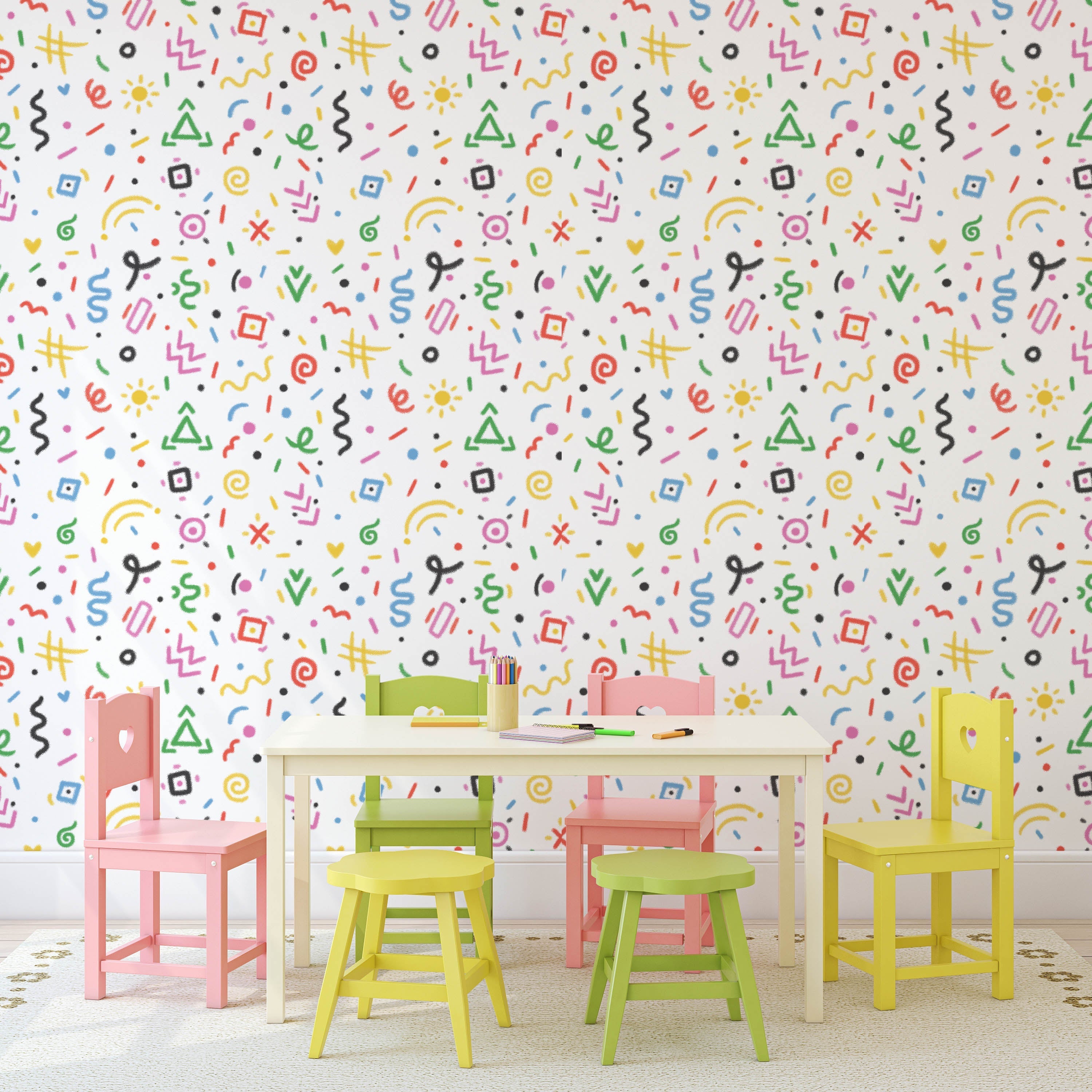 Chalk Doodles Peel and Stick Wallpaper, Removable Wallpaper, Traditional Wallpaper - Chalk White | DeccoPrint