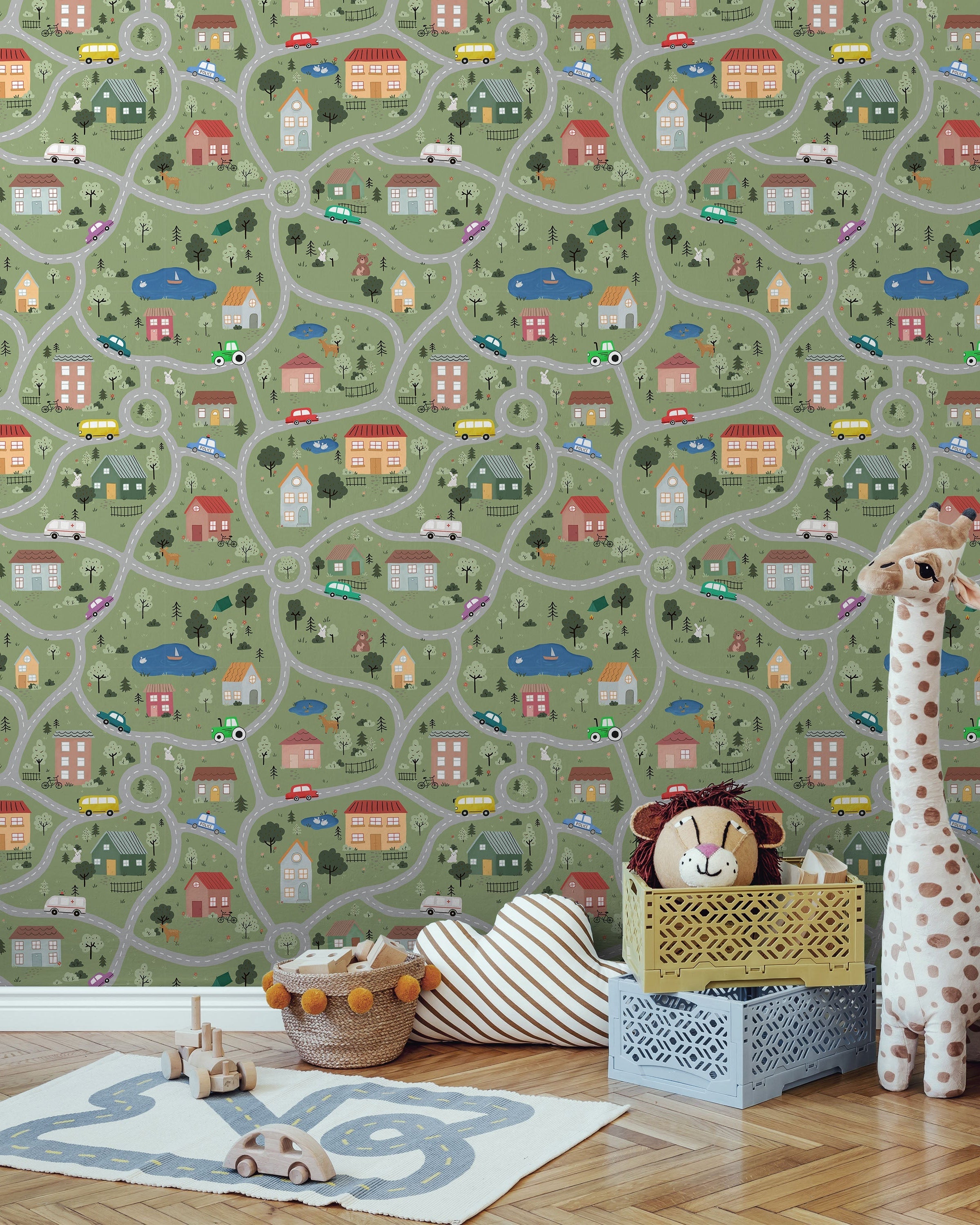 Tiny Town Explorer Peel and Stick Wallpaper, Removable Wallpaper, Traditional Wallpaper - Moss Green | DeccoPrint