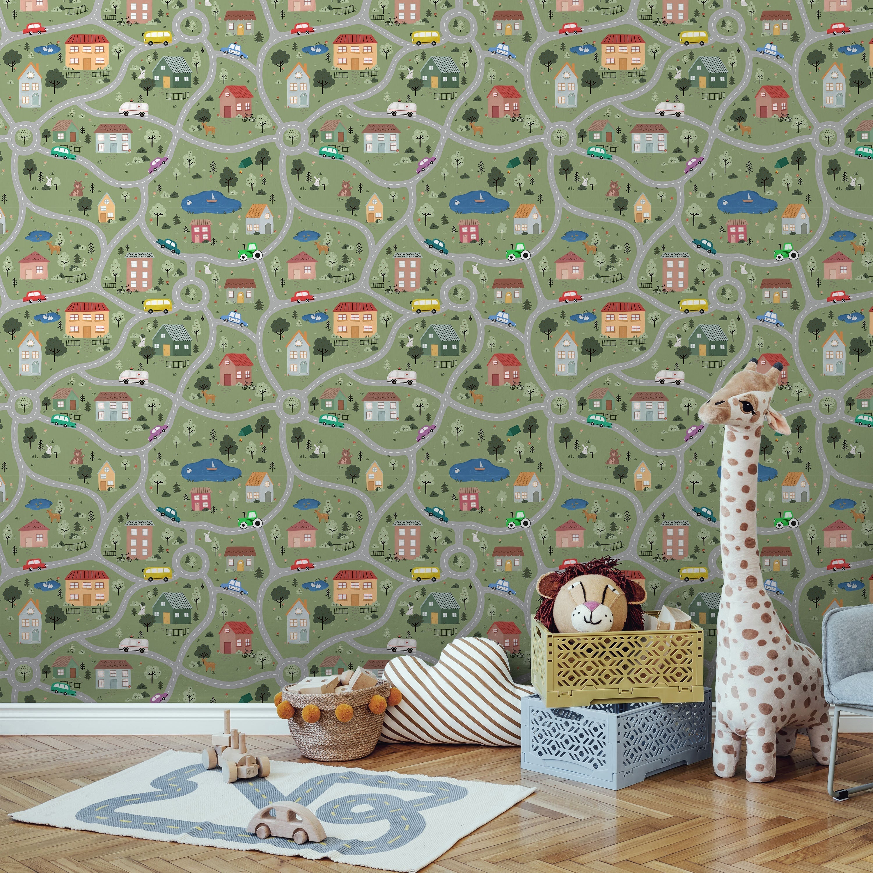 Tiny Town Explorer Peel and Stick Wallpaper, Removable Wallpaper, Traditional Wallpaper - Moss Green | DeccoPrint