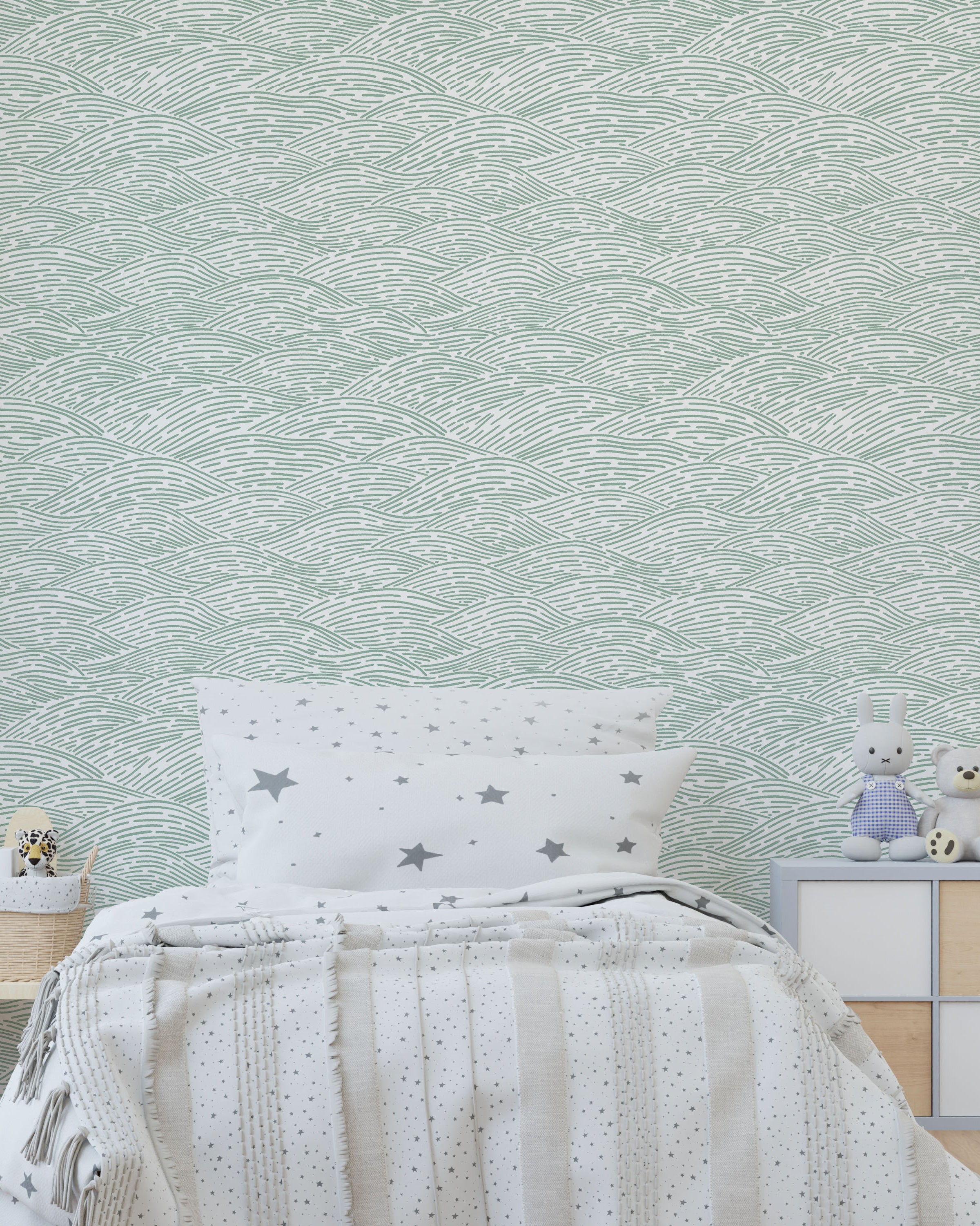 Calm Waves Peel and Stick Wallpaper, Removable Wallpaper, Traditional Wallpaper - Soft Sage | DeccoPrint