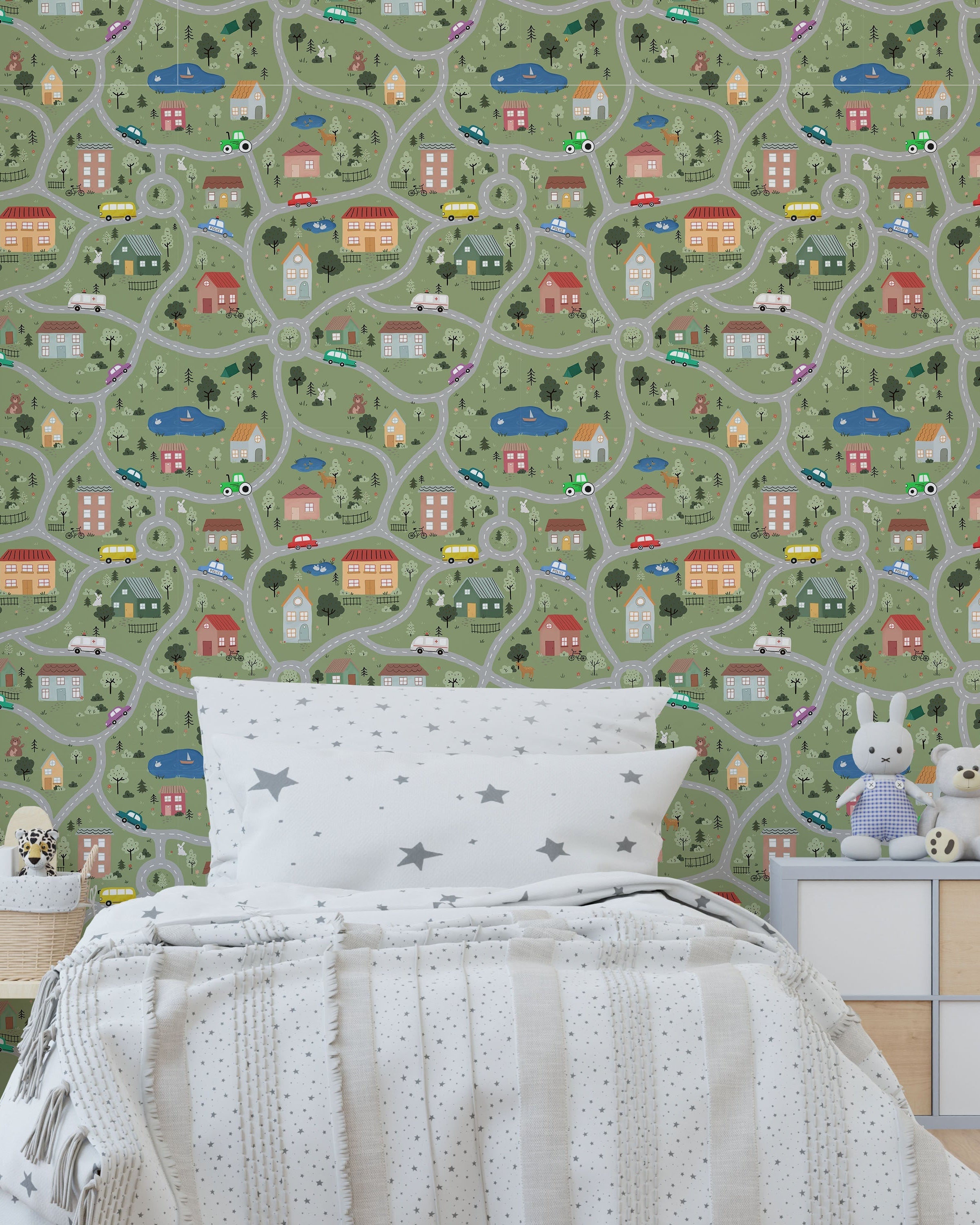Tiny Town Explorer Peel and Stick Wallpaper, Removable Wallpaper, Traditional Wallpaper - Moss Green | DeccoPrint