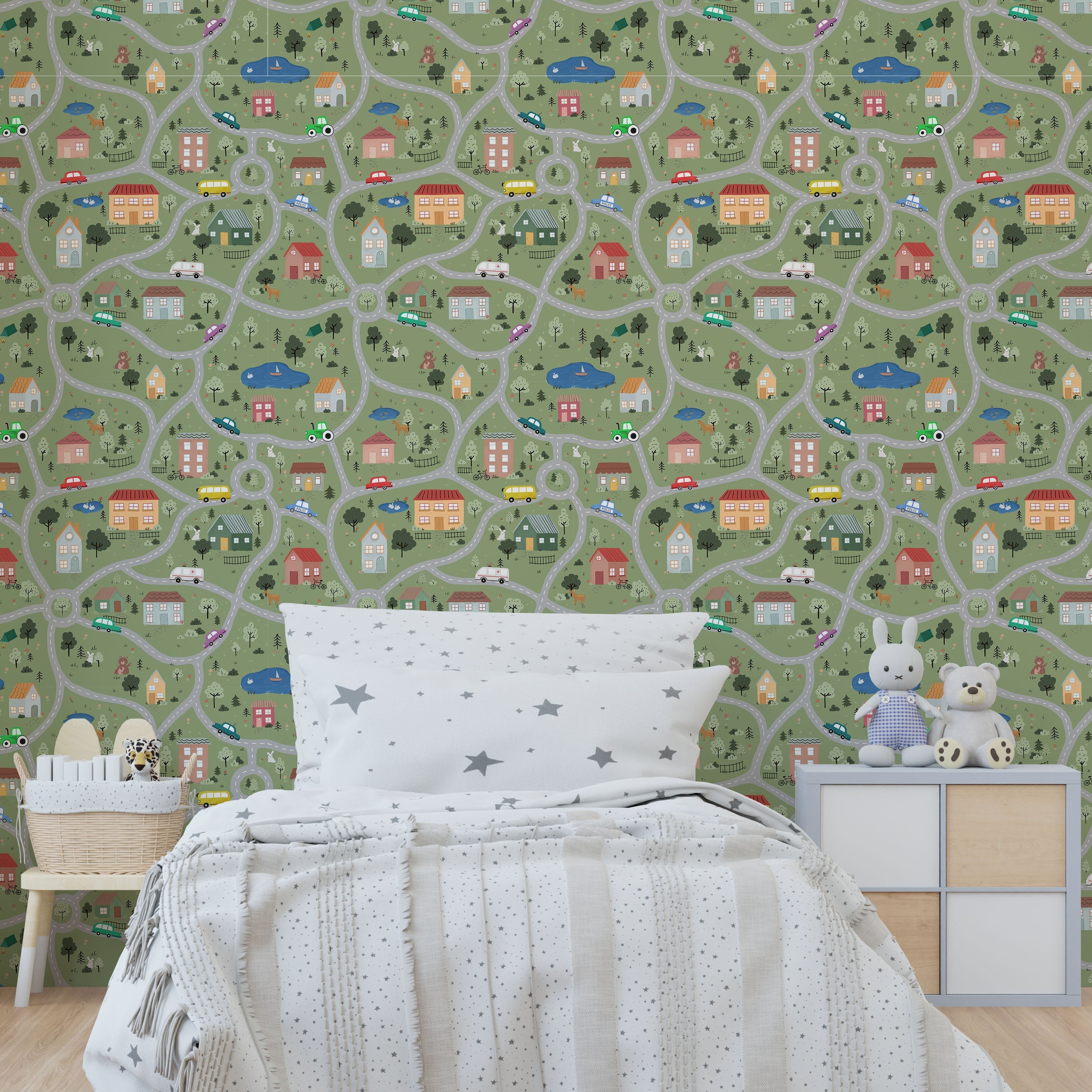 Tiny Town Explorer Peel and Stick Wallpaper, Removable Wallpaper, Traditional Wallpaper - Moss Green | DeccoPrint