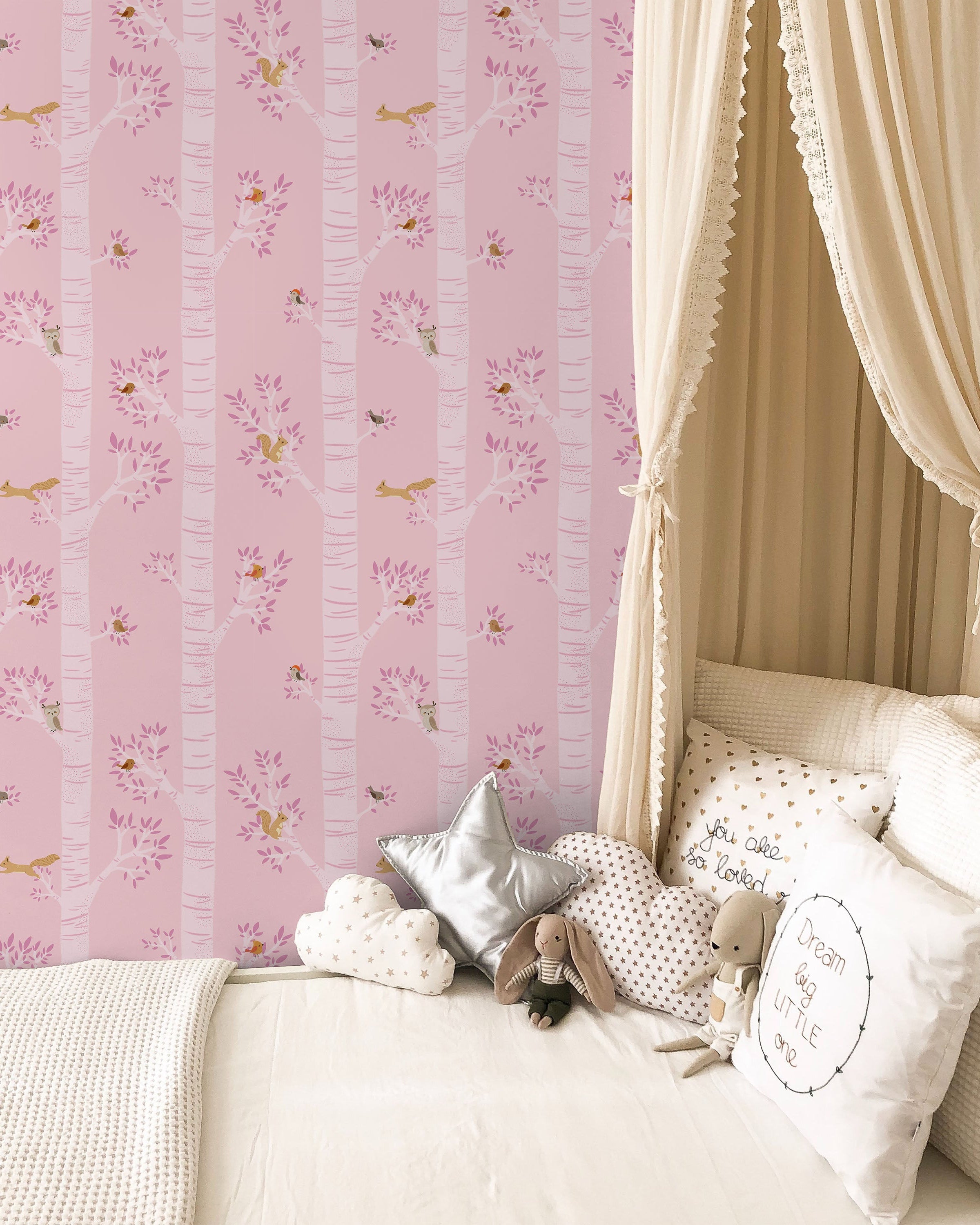 Treetop Tales Peel and Stick Wallpaper, Removable Wallpaper, Traditional Wallpaper - Bubblegum Pink | DeccoPrint