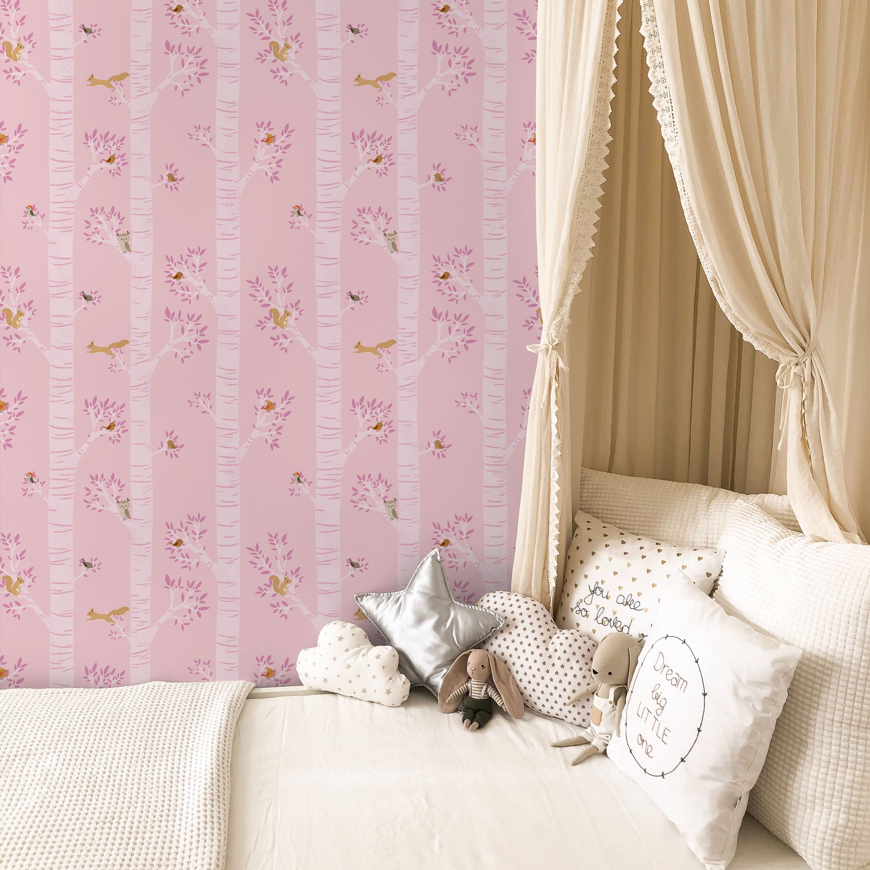 Treetop Tales Peel and Stick Wallpaper, Removable Wallpaper, Traditional Wallpaper - Bubblegum Pink | DeccoPrint