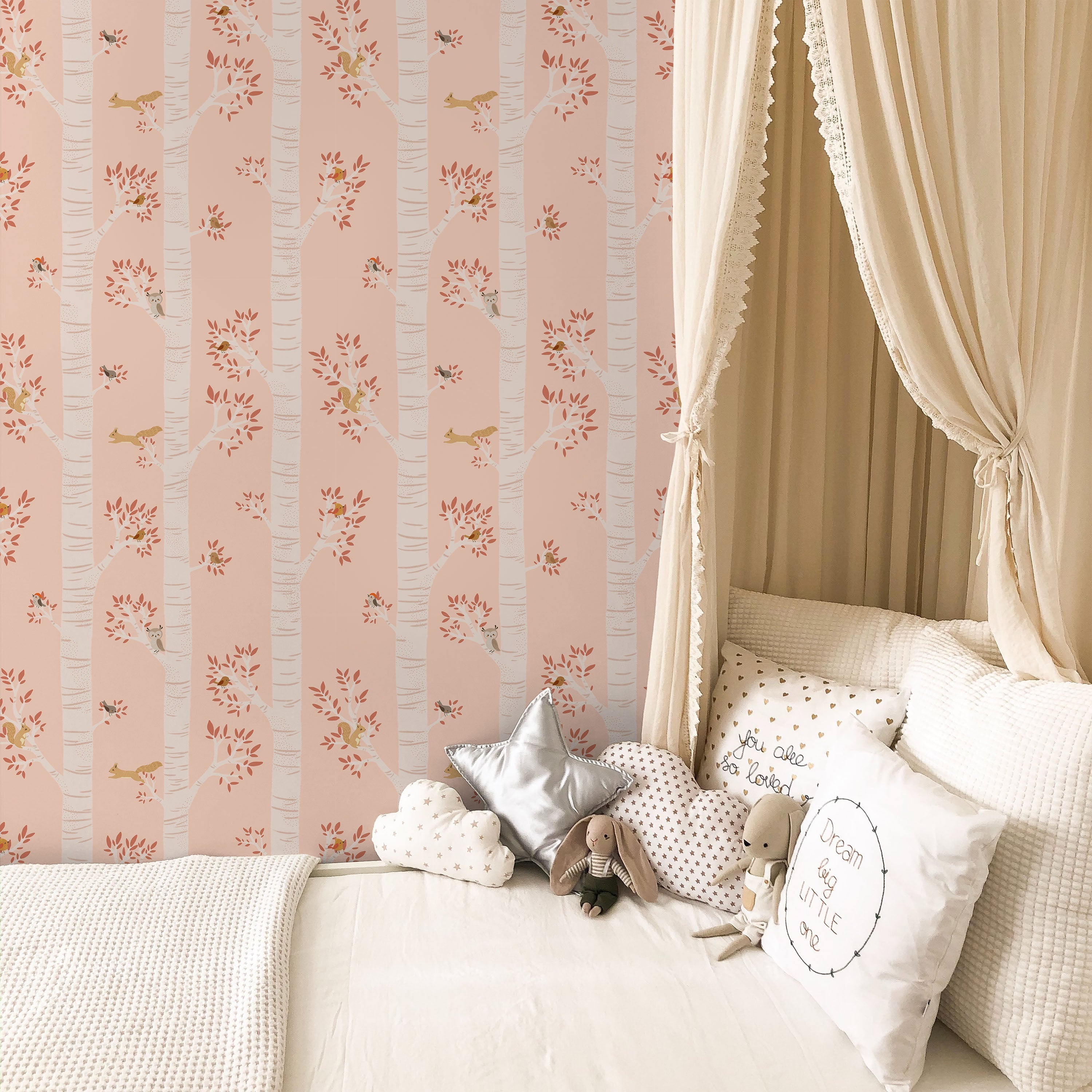 Treetop Tales Peel and Stick Wallpaper, Removable Wallpaper, Traditional Wallpaper - Peachy Blush | DeccoPrint