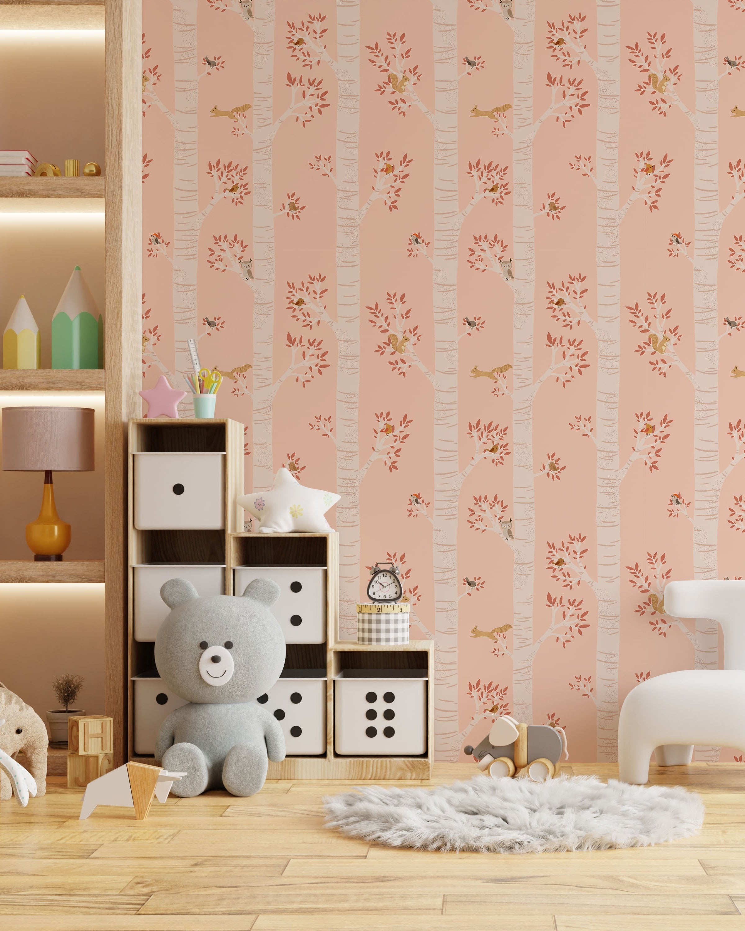 Treetop Tales Peel and Stick Wallpaper, Removable Wallpaper, Traditional Wallpaper - Peachy Blush | DeccoPrint