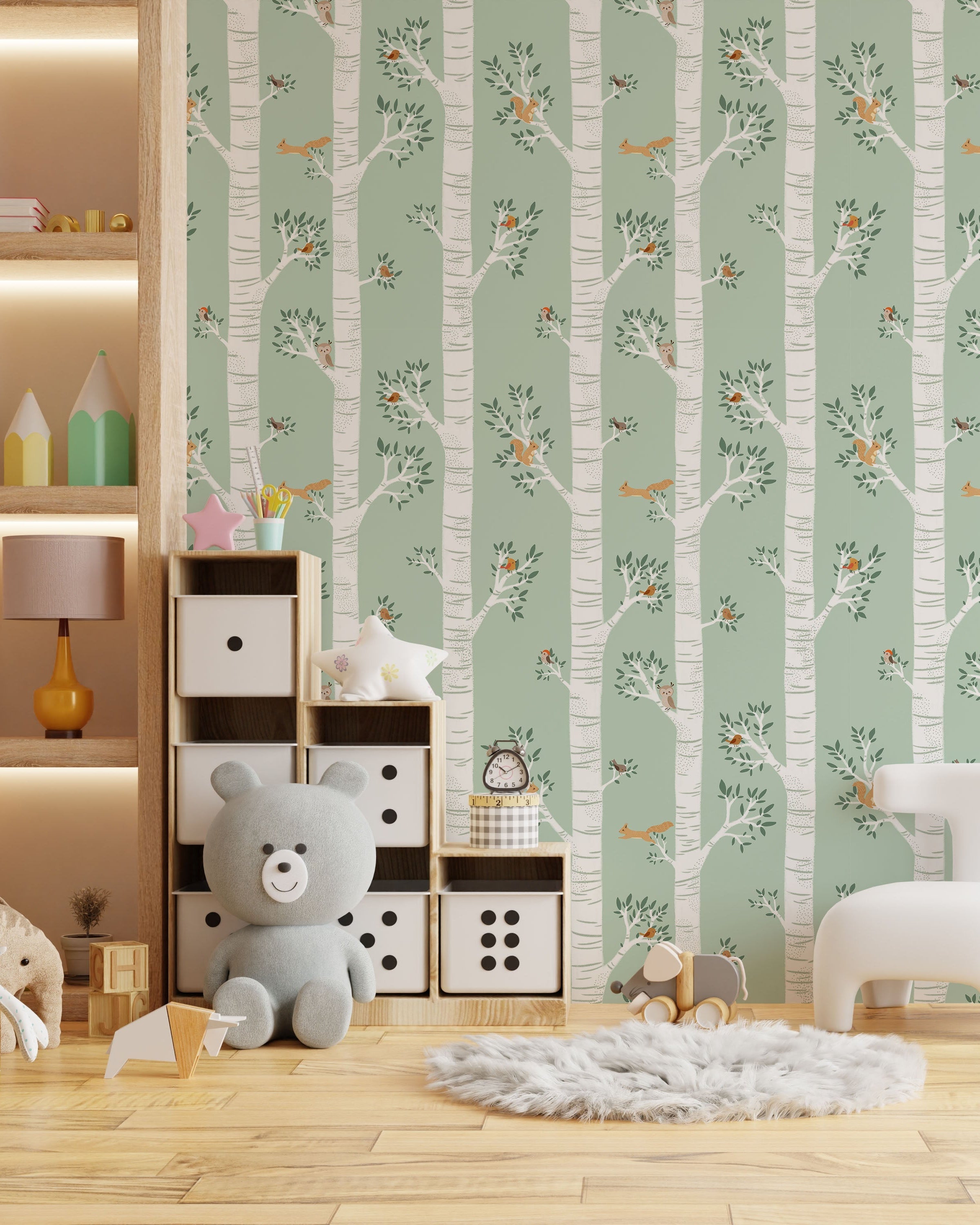 Treetop Tales Peel and Stick Wallpaper, Removable Wallpaper, Traditional Wallpaper - Sage Green | DeccoPrint