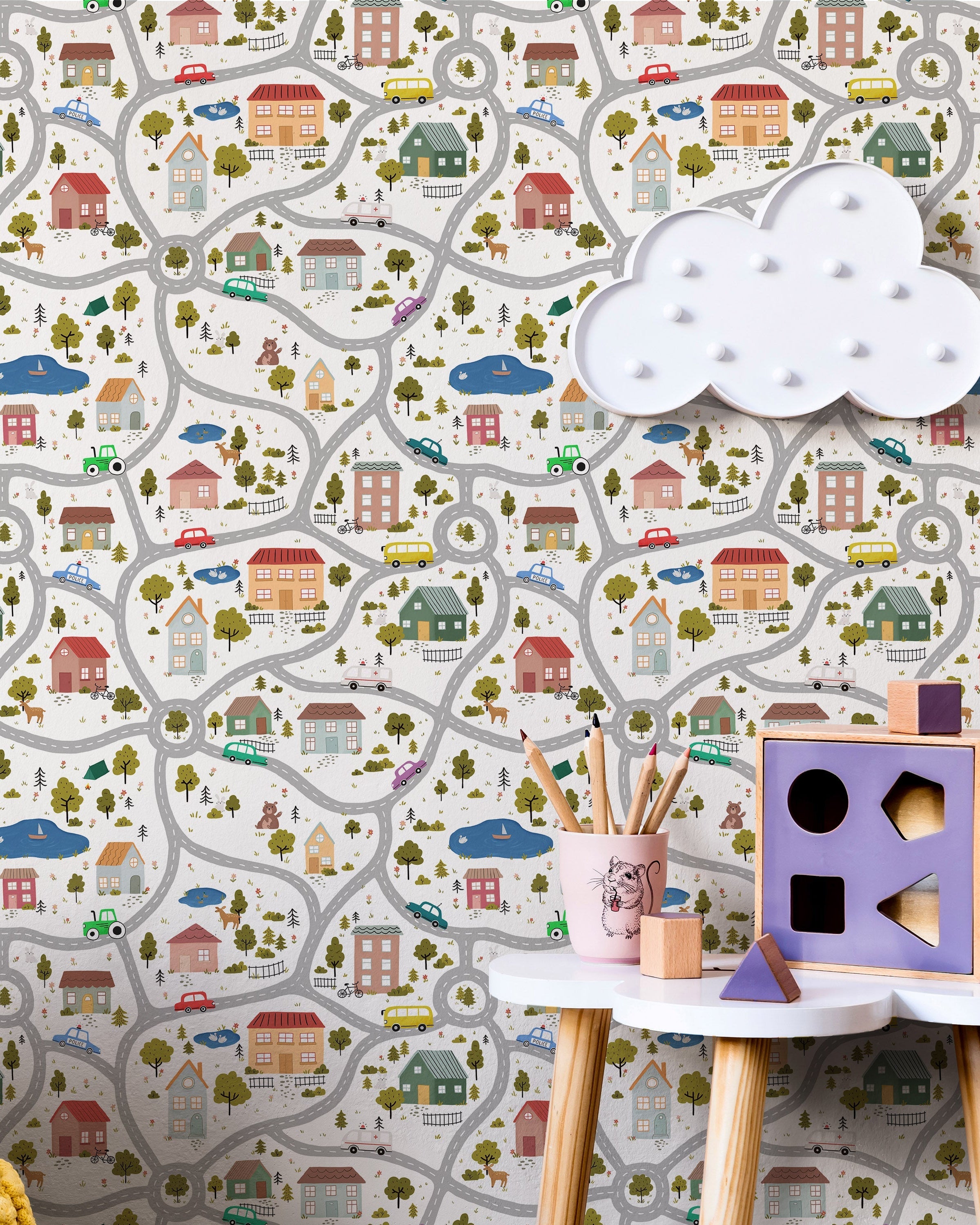 Tiny Town Explorer Peel and Stick Wallpaper, Removable Wallpaper, Traditional Wallpaper - White | DeccoPrint