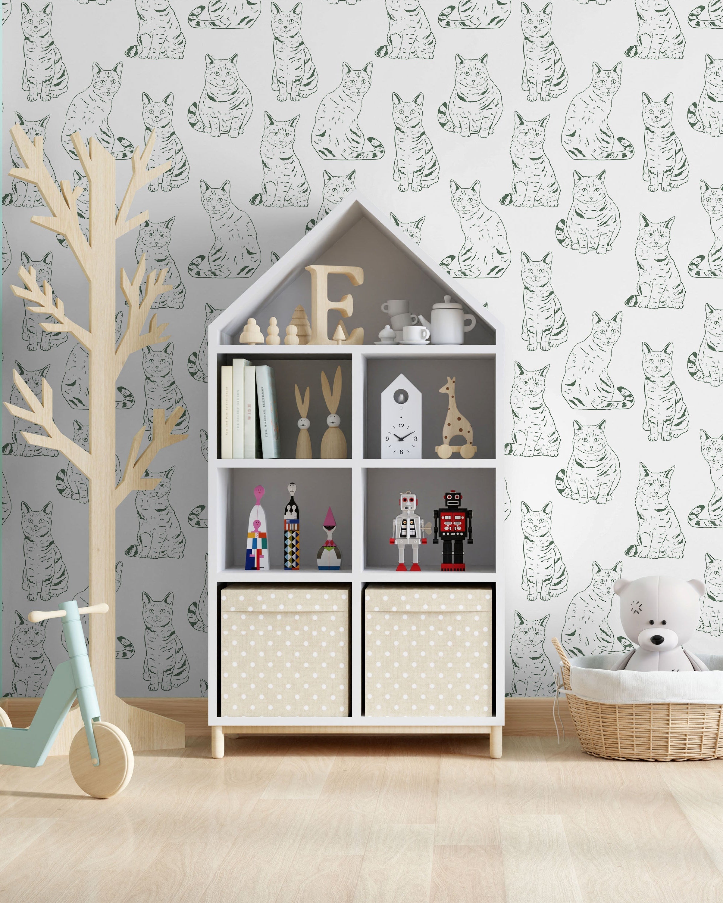 Those Cats Peel and Stick Wallpaper, Removable Wallpaper, Traditional Wallpaper - Green | DeccoPrint