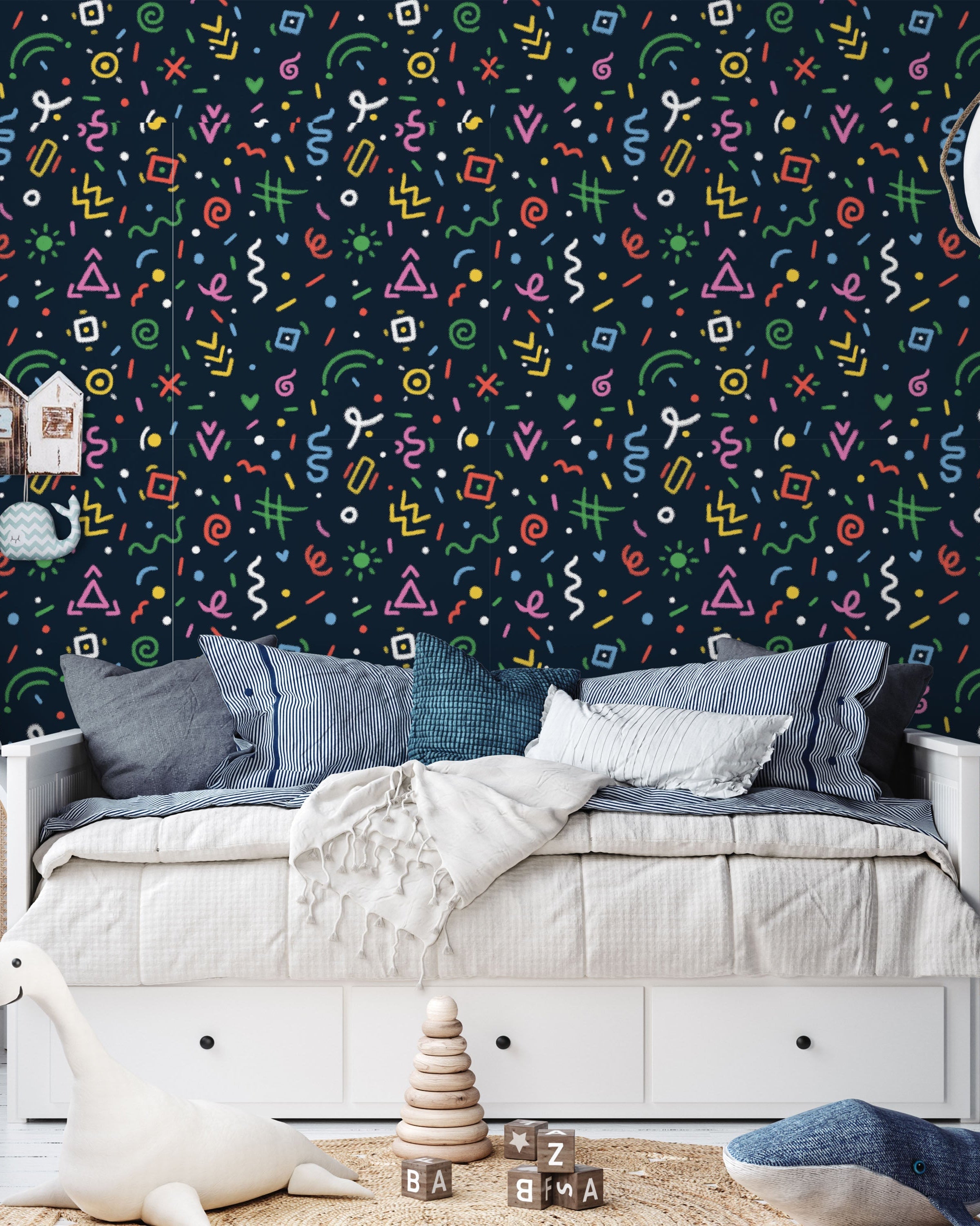 Chalk Doodles Peel and Stick Wallpaper, Removable Wallpaper, Traditional Wallpaper - Navy Blue | DeccoPrint