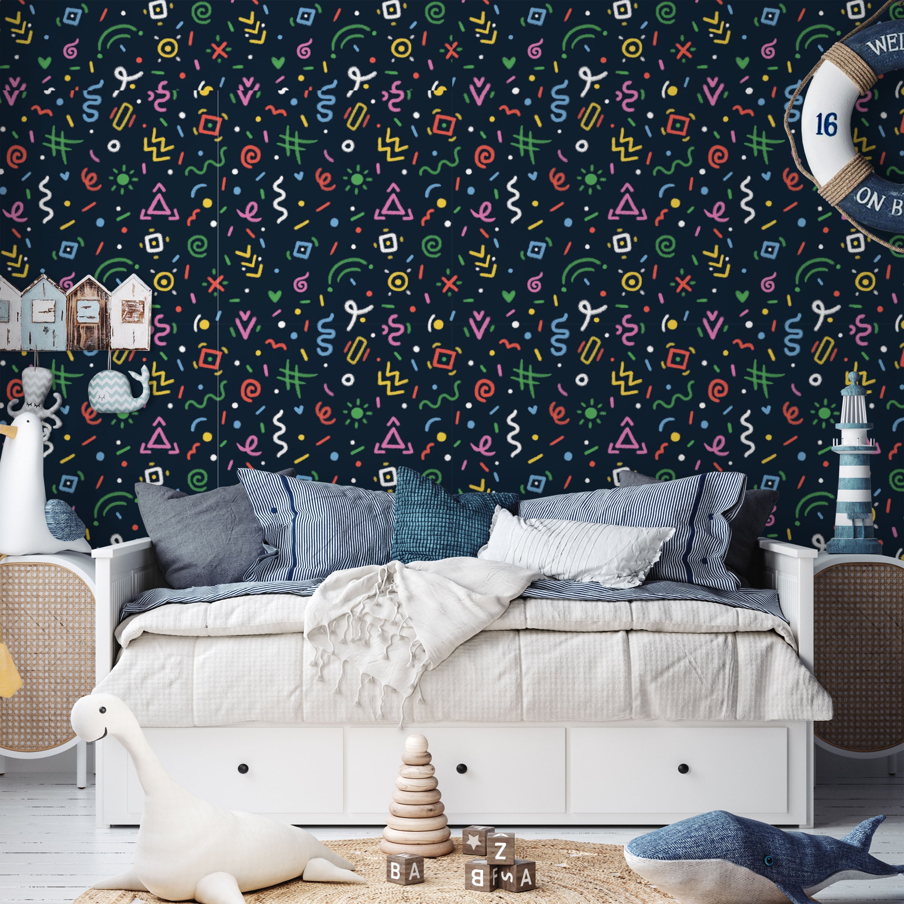 Chalk Doodles Peel and Stick Wallpaper, Removable Wallpaper, Traditional Wallpaper - Navy Blue | DeccoPrint