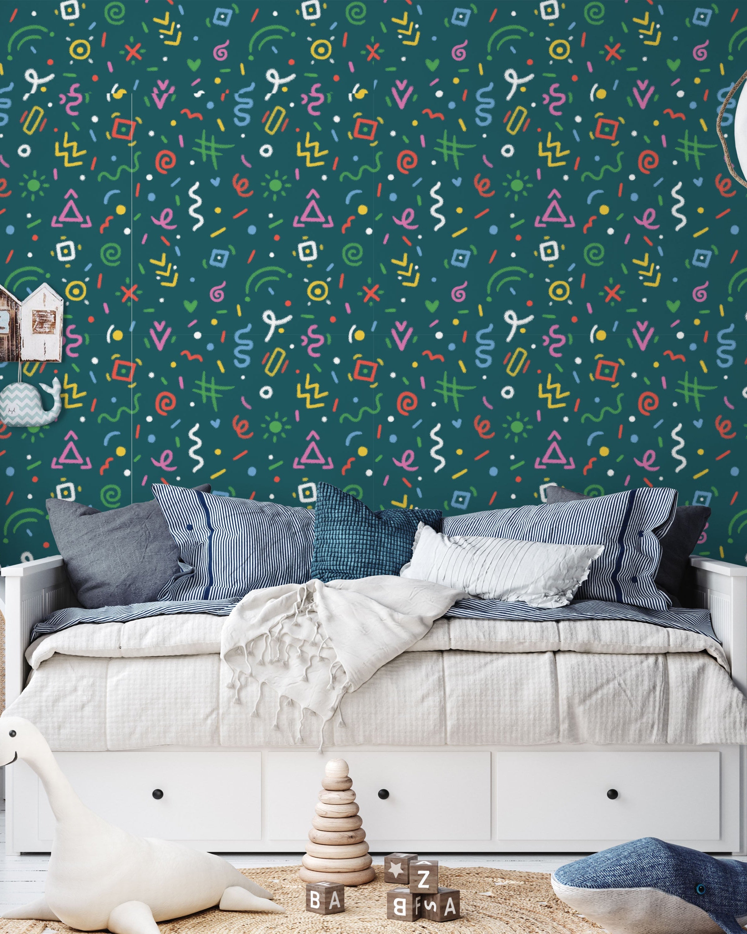 Chalk Doodles Peel and Stick Wallpaper, Removable Wallpaper, Traditional Wallpaper - Dark Teal | DeccoPrint