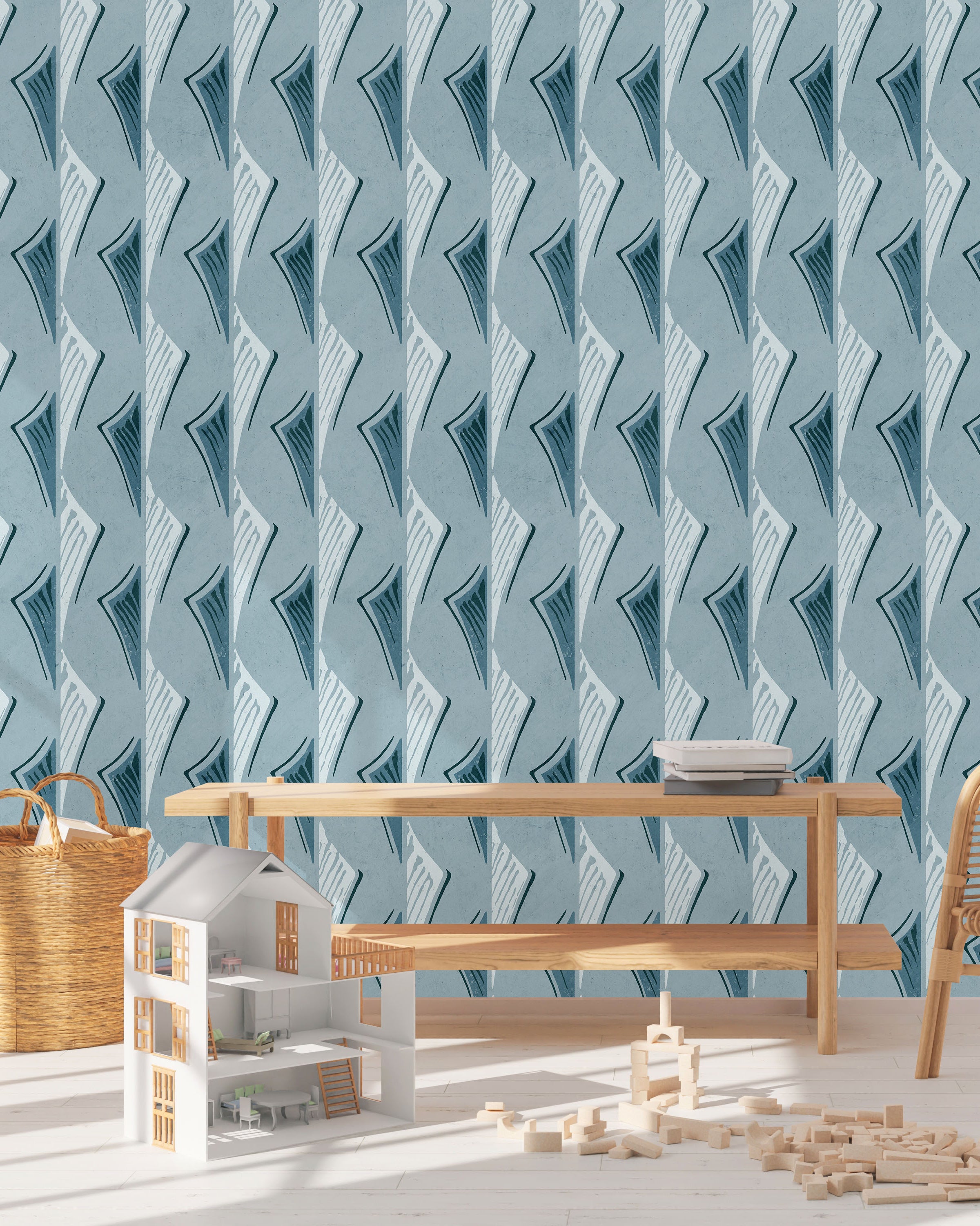 Furuya Korin x Dancing Fans Peel and Stick Wallpaper, Removable Wallpaper, Traditional Wallpaper - Soft Blue | DeccoPrint